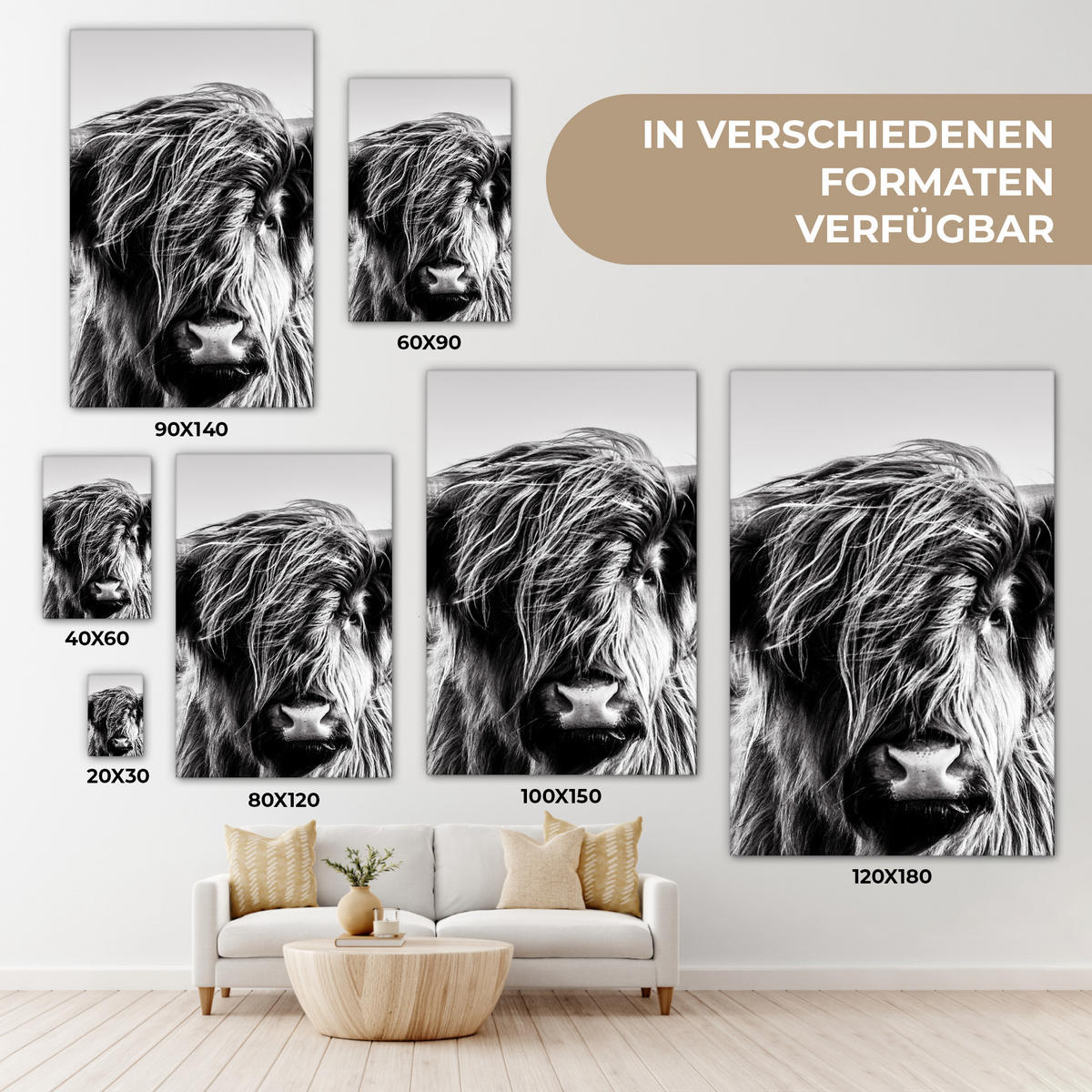 LEINWANDBILD Kuh - Schottischer Hochländer - Schwarz - Weiß - Tier - Natur - Wildtiere 90x140 cm - Schwarz, Textil (90/140cm) - MuchoWow
