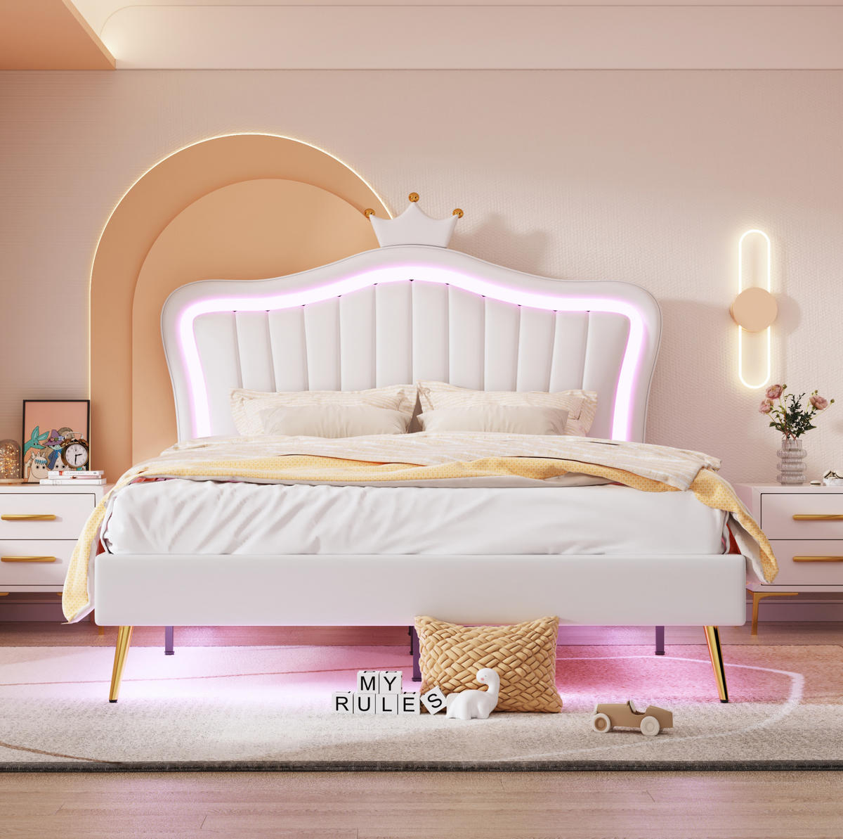 POLSTERBETT 140/200 cm Weiß mit LED-Beleuchtung und Kronen-Kopfteil - Weiß, Textil (140/200cm) - Flora Grace
