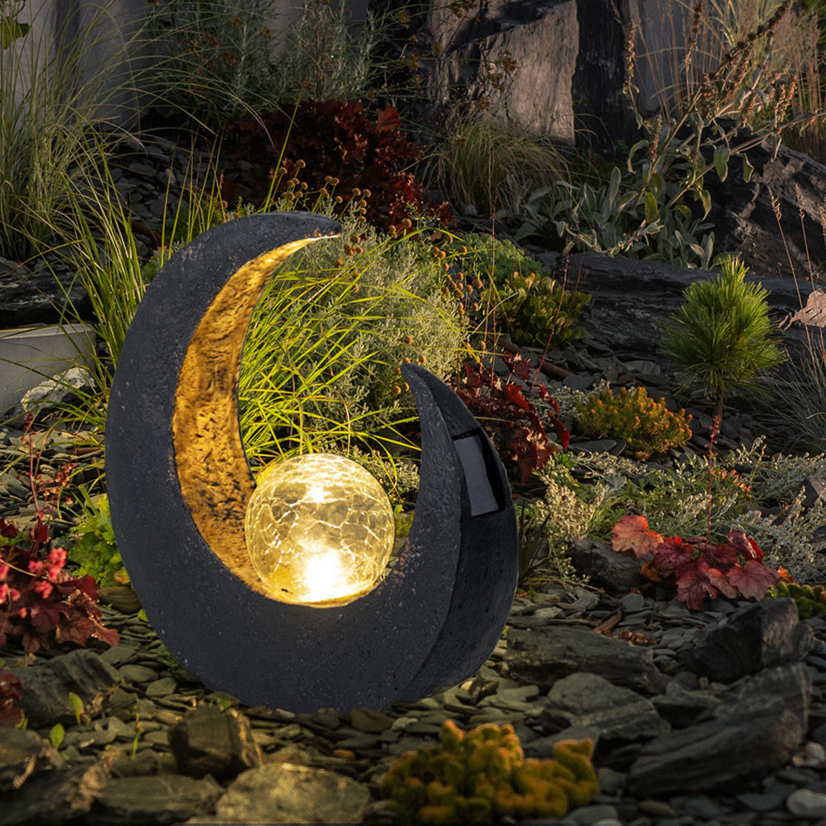 LED AUSSENLEUCHTE Mond Crackle-Glas Schwarz 2er Set - Schwarz, Glas (29.4/9/30.5cm)