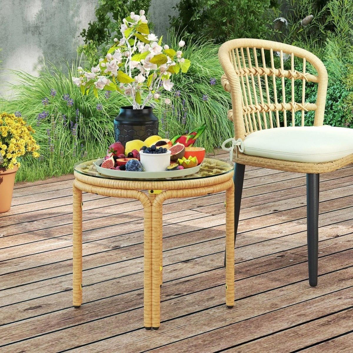 GARTENTISCH aus Rattan Ø50 x 44 cm Gelb mit Sicherheitsglasplatte - Gelb, Glas (50/50/44cm) - Modfu