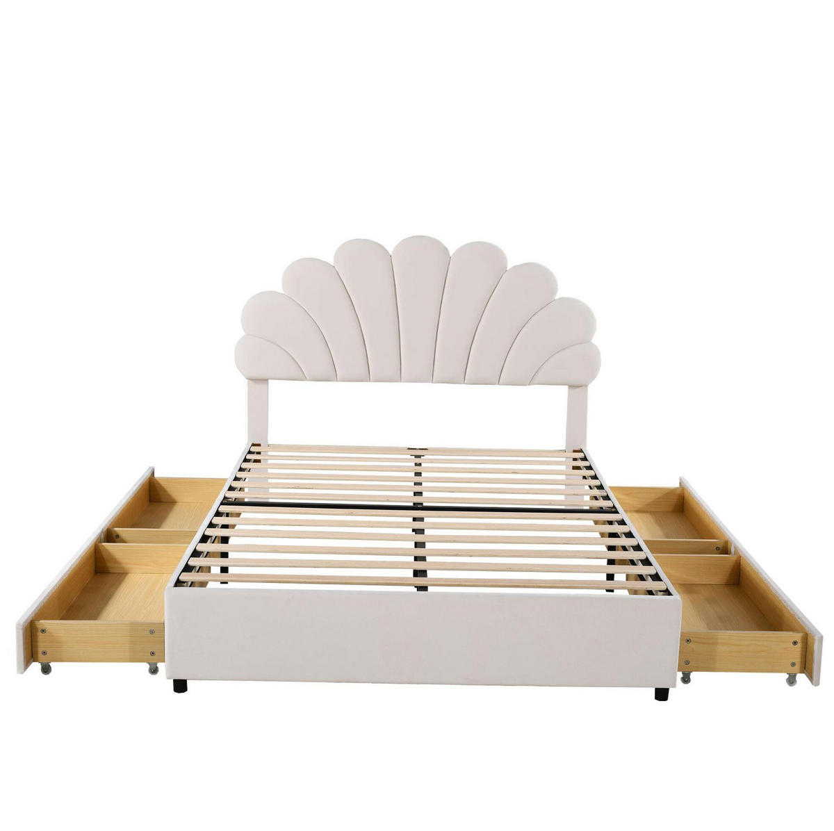 TAPECIRANI krevet 140/200 cm bež od baršuna s cvjetnim uzglavljem i 4 ladice - bež, tekstil (140/200cm) - OKWISH