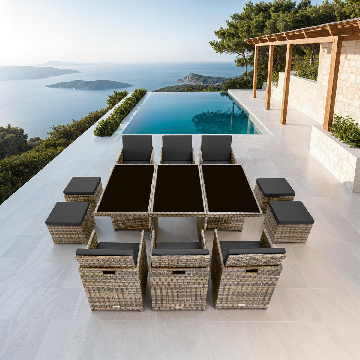 RATTAN SITZGRUPPE New York,2 Bezugssets, zusammenschiebbar, inklusive Schutzhülle,natur - Naturfarben, Kunststoff - tectake