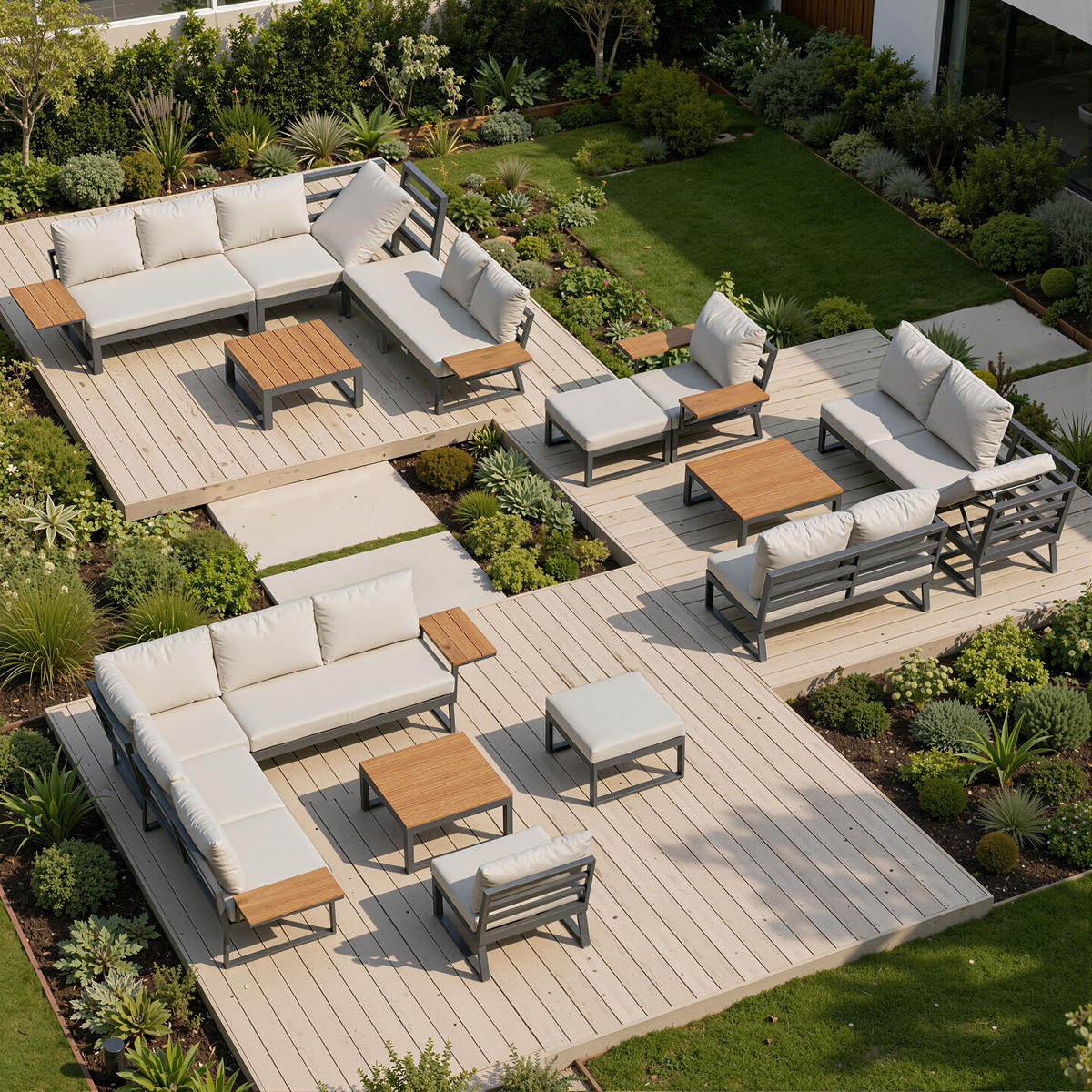 LOUNGESET, 7 Personen, Eisen, Ecksofa, Holztisch, Beige - Beige, Metall - FLIEKS