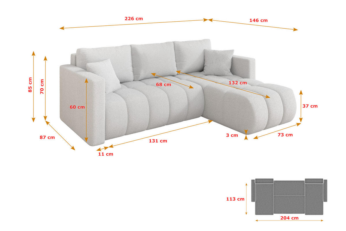 ROHOVÁ SEDAČKA s funkcí spaní, otoman vpravo GARD-L 226x146x85 bílá bouclé - bílá/černá, kompozitní dřevo/textil (226/146cm) - ALTDECOR