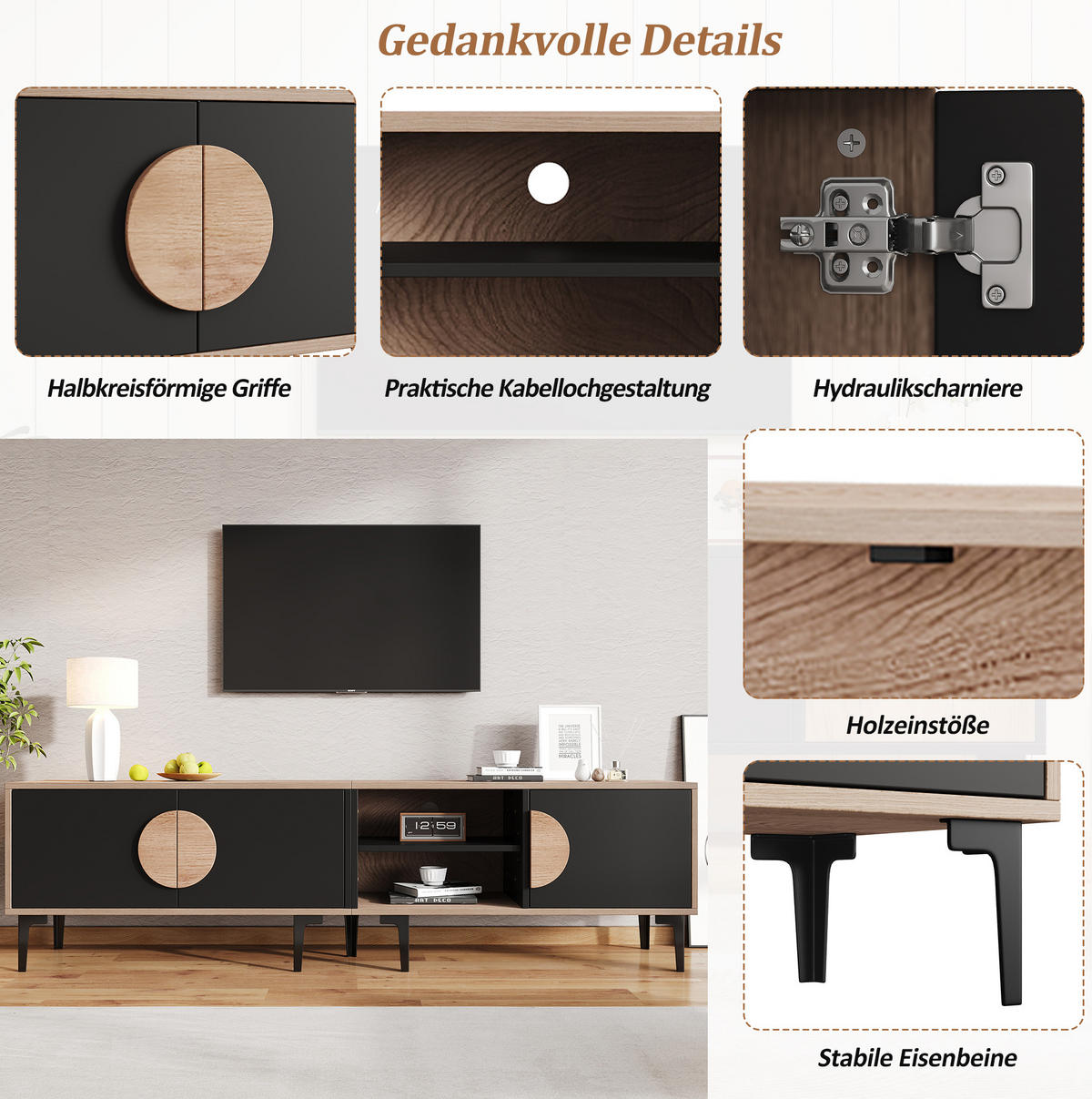TV-LOWBOARD 180/35/49 cm Eiche-Schwarz aus Spanplatte mit 3 Türen - Schwarz, Holzwerkstoff (180/49/35cm) - OKWISH