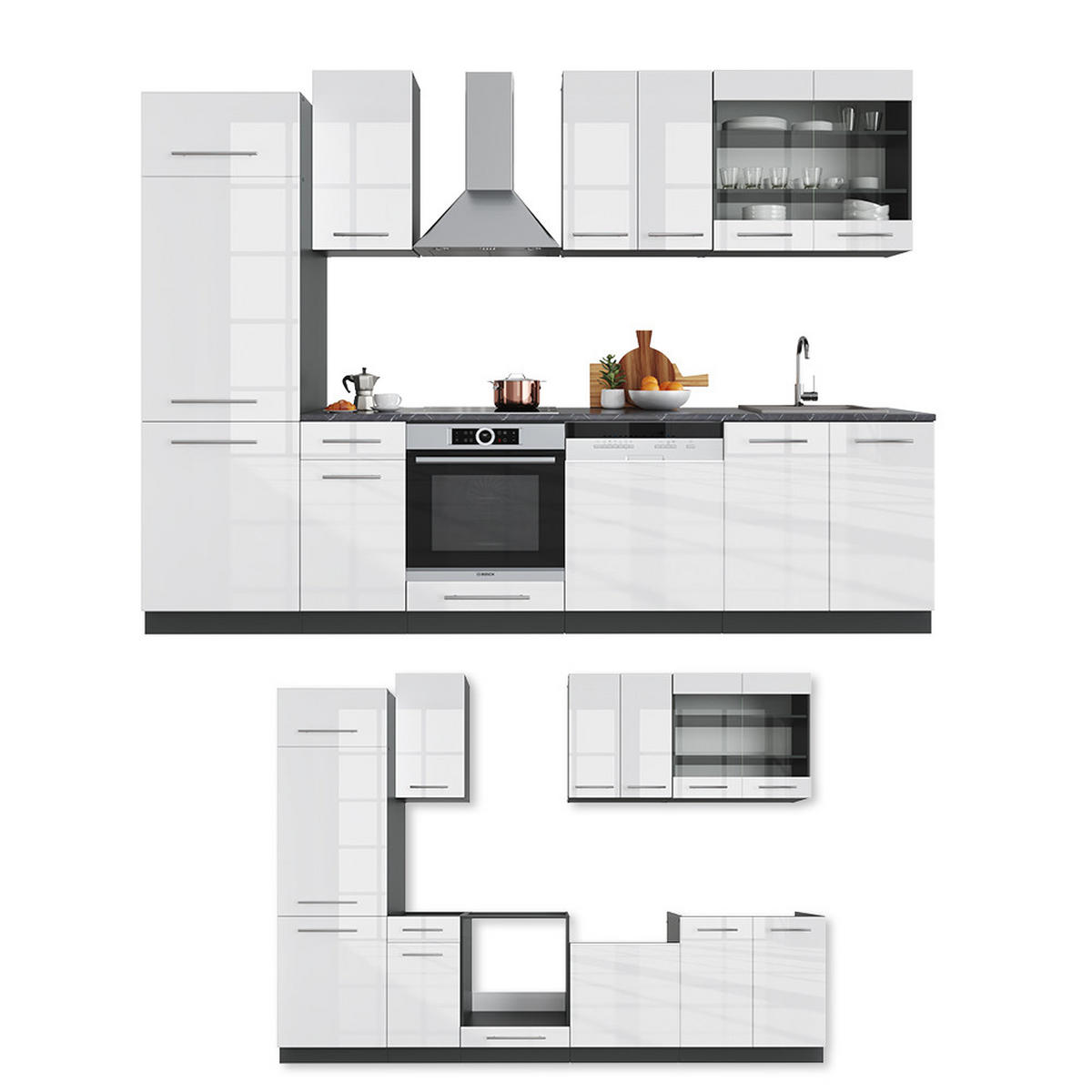 KÜCHENZEILE Fame-Line Weiß Hochglanz/Anthrazit 300 cm ohne AP - Weiß Hochglanz/Anthrazit, Holzwerkstoff (300/81.6/46cm) - Vicco