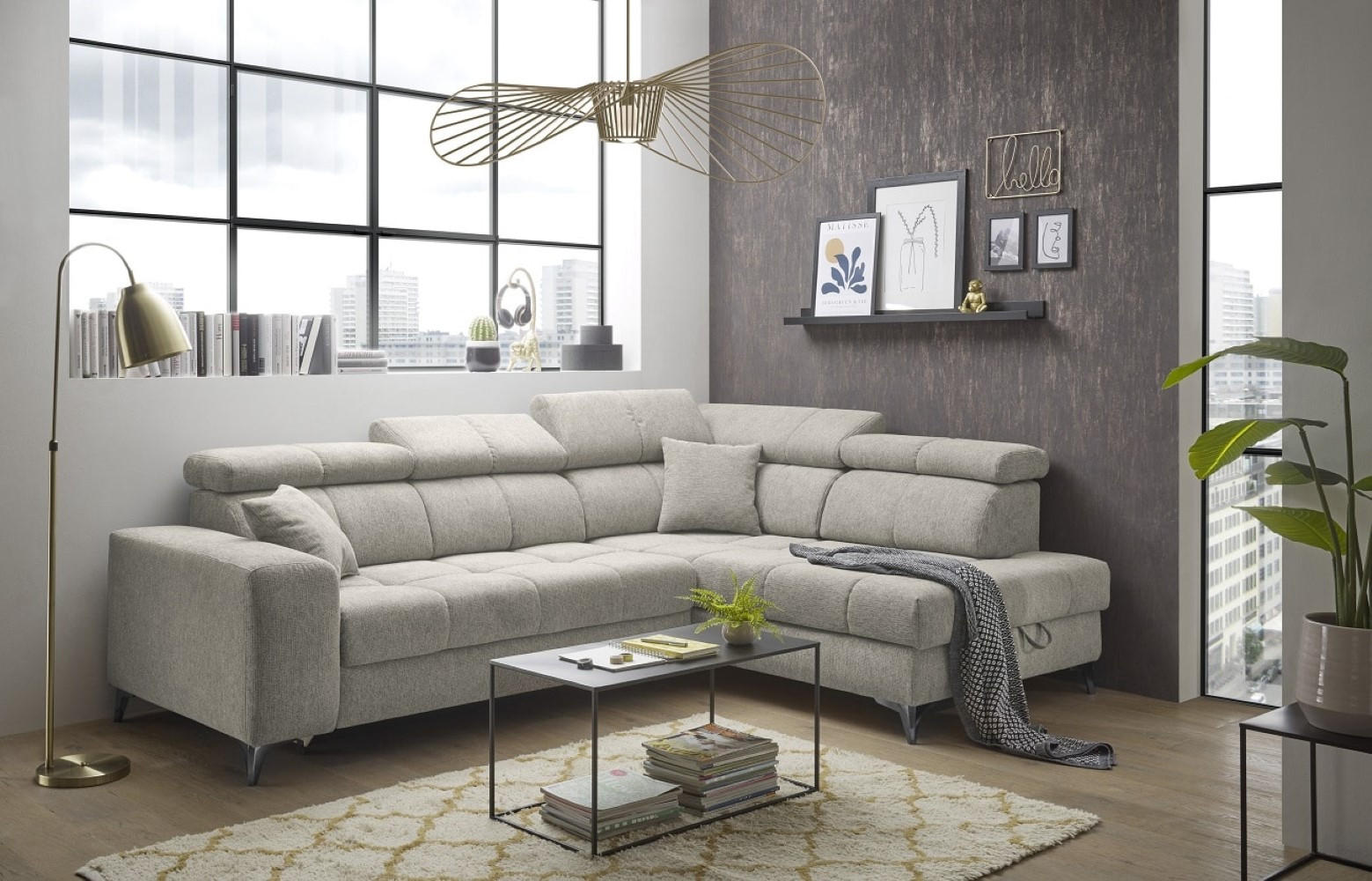 ECKSOFA mit Schlaffunktion und Bettkasten, Luxus-Mikrofaser - Beige/Schwarz, Textil/Metall (198/282cm) - ed exciting design