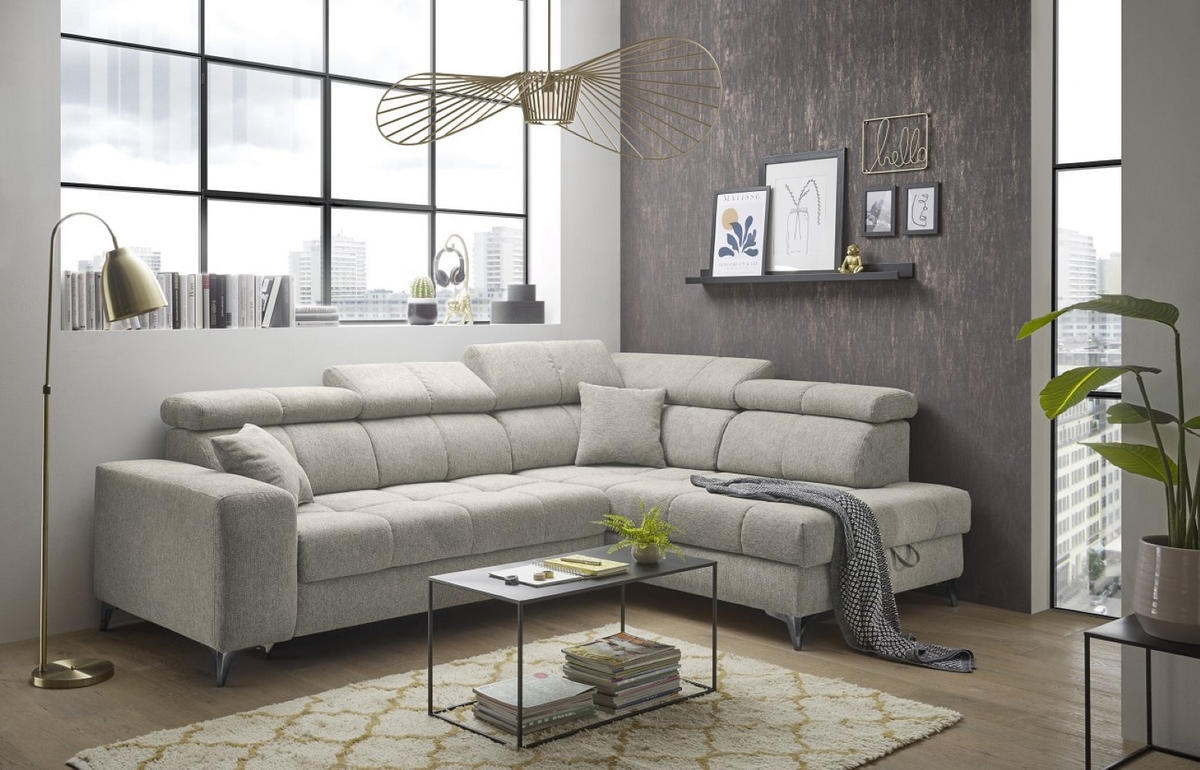 ECKSOFA mit Schlaffunktion und Bettkasten, Luxus-Mikrofaser - Beige/Schwarz, Textil/Metall (198/282cm) - ed exciting design