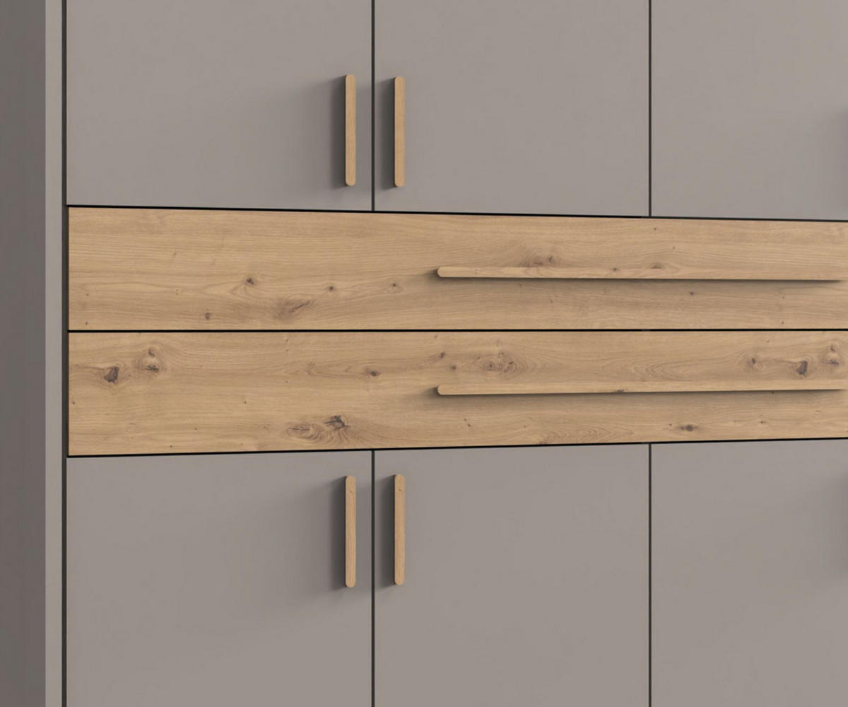 SKŘÍŇ S OTOČNÝMI DVEŘMI B273/H210/T58 cm, pískově šedá, šatní skříň s paspartou, 2 zrcadla, 2 velké zásuvky a úchytky v dekoru dub Artisan / 22650 - písková barva/dub artisan, kompozitní dřevo/plast (273/210/58cm) - luma-home