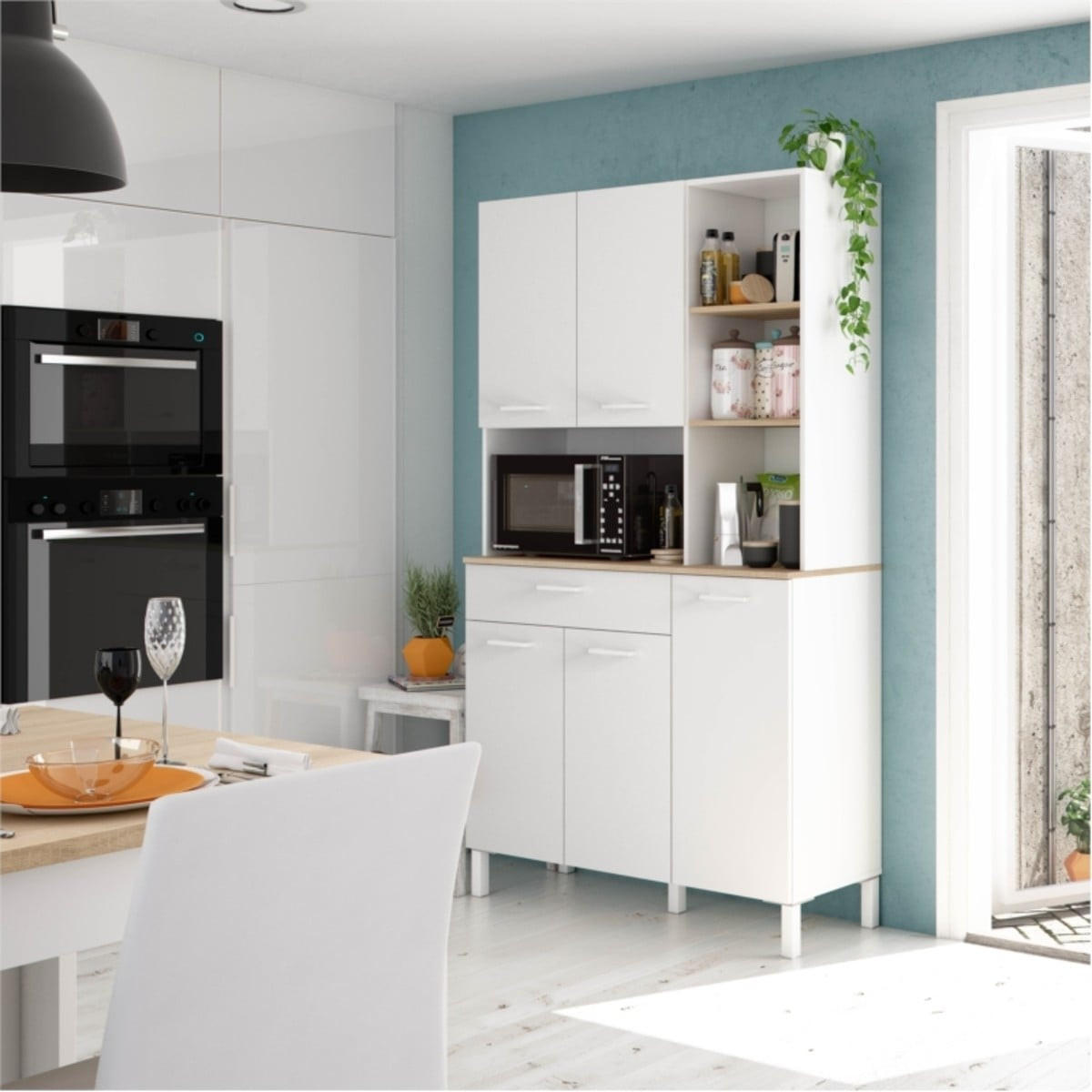 HIGHBOARD mit 5 Türen und 1 Schublade Kira - H186 cm - Weiß, Holzwerkstoff (40/186/108cm) - Calicosy