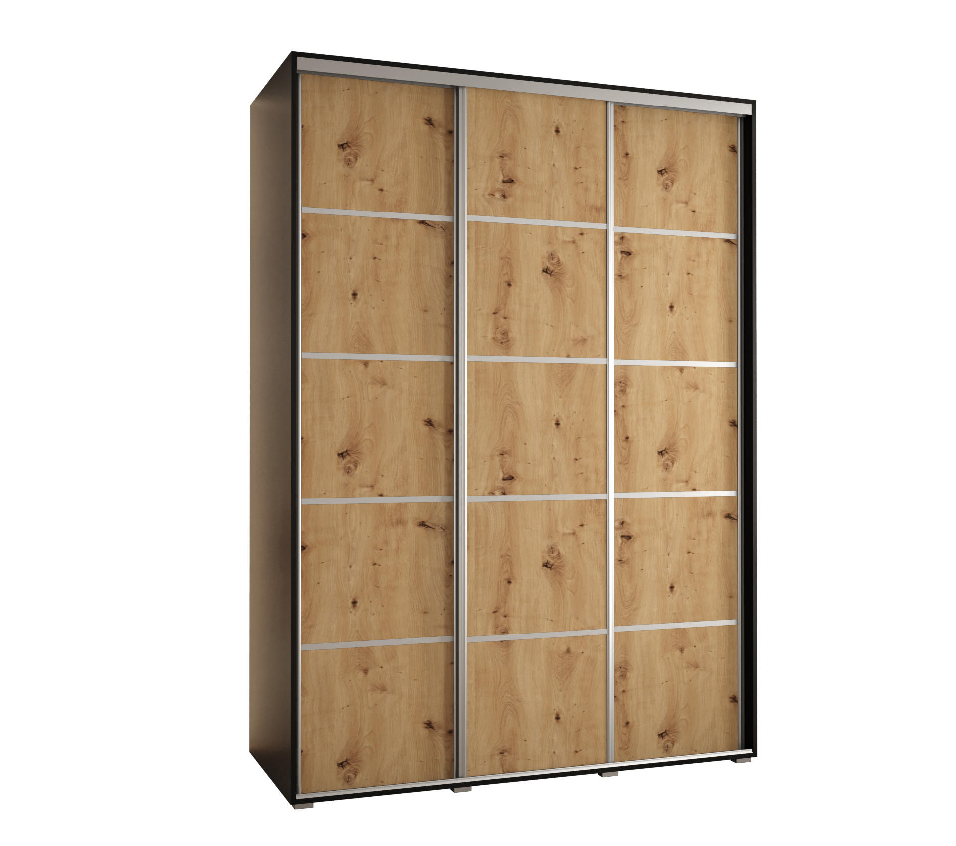 Abiks Möbel Schwebetürenschrank Schwarz, Eiche Artisan, Silber 180x235x60 cm