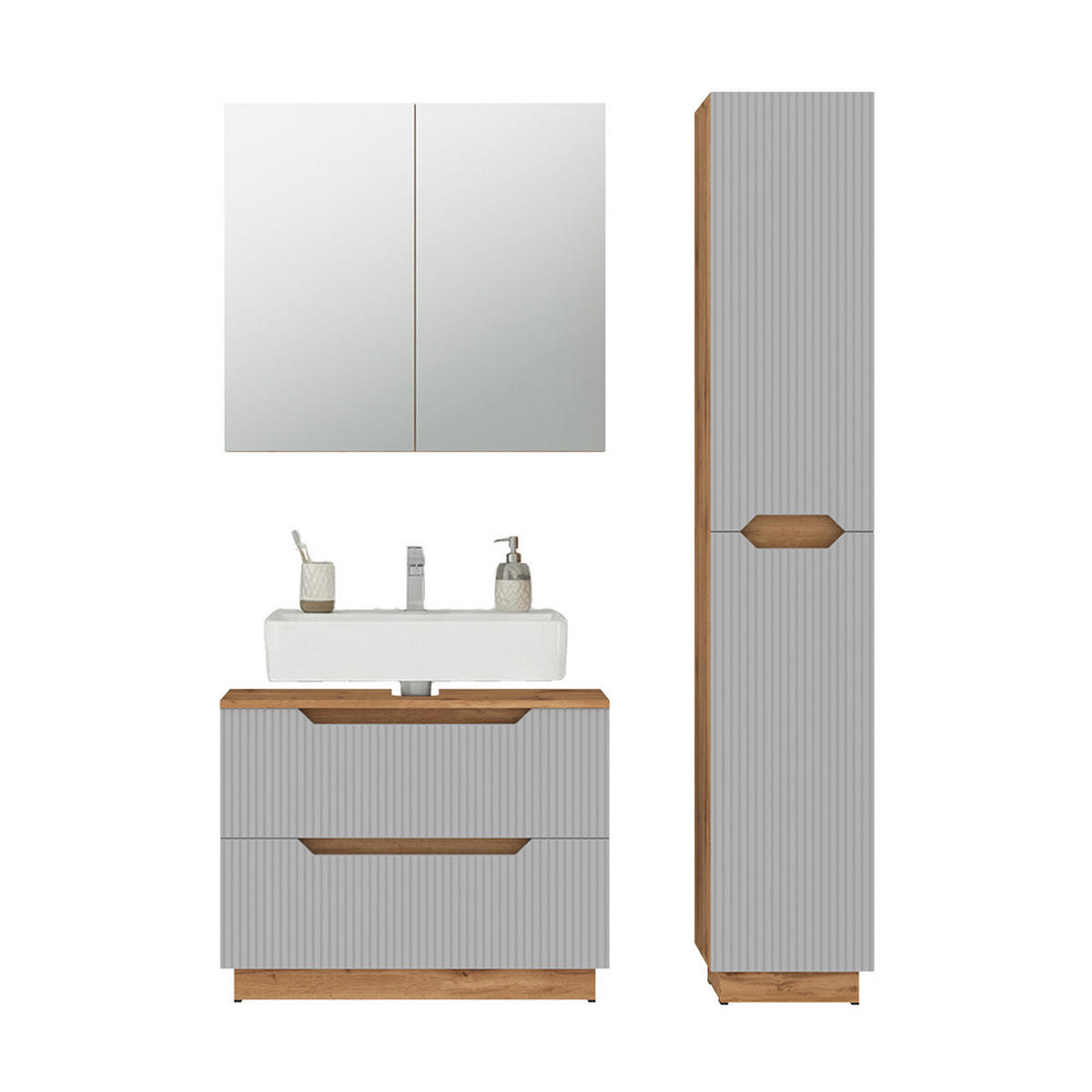 BADMÖBEL-SET Lotta Eiche/grau gestreift 3 Teile - Eichefarben/Grau, Holzwerkstoff (79.6/62.5/32cm) - Vicco