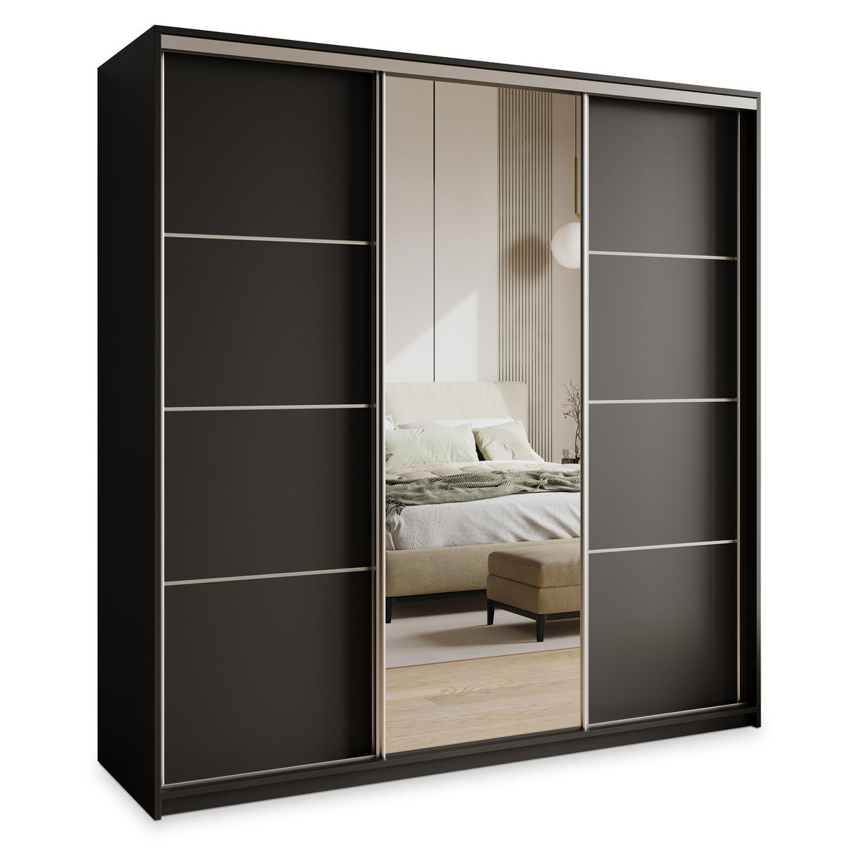 SCHWEBETÜRENSCHRANK VARO 200/205/60 cm 3-türig mit Spiegel Schwarz - Schwarz, Holzwerkstoff (200/205/60cm) - MASSENO