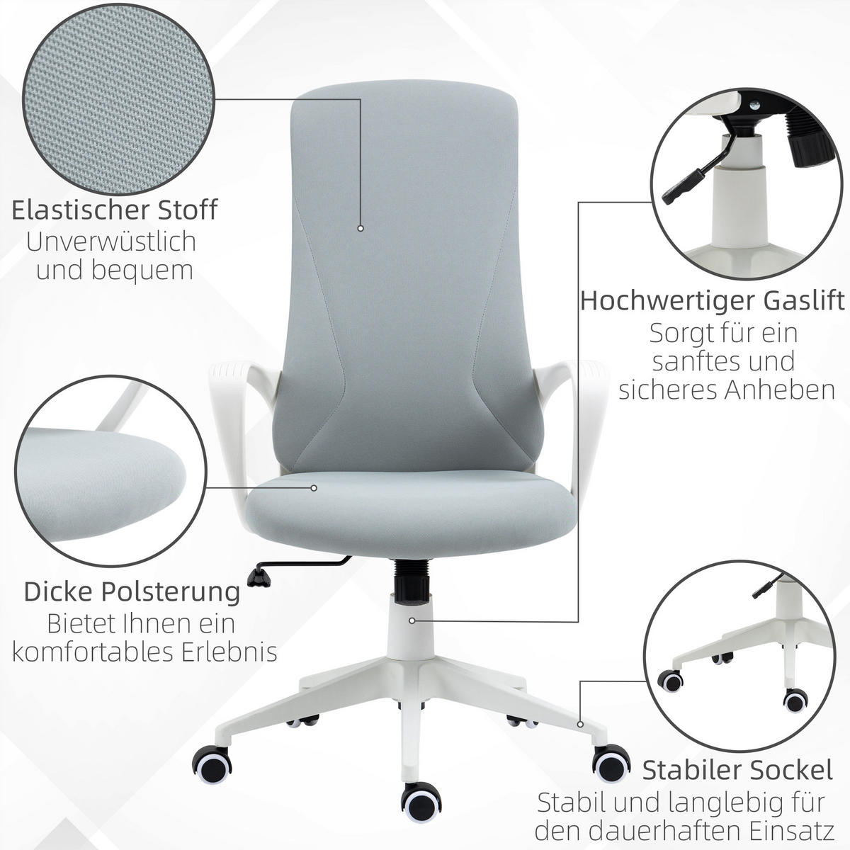 BÜROSTUHL, PC Stuhl, Stretchstoff, Hellgrau - Hellgrau, Textil (56/119.5/62cm) - Vinsetto