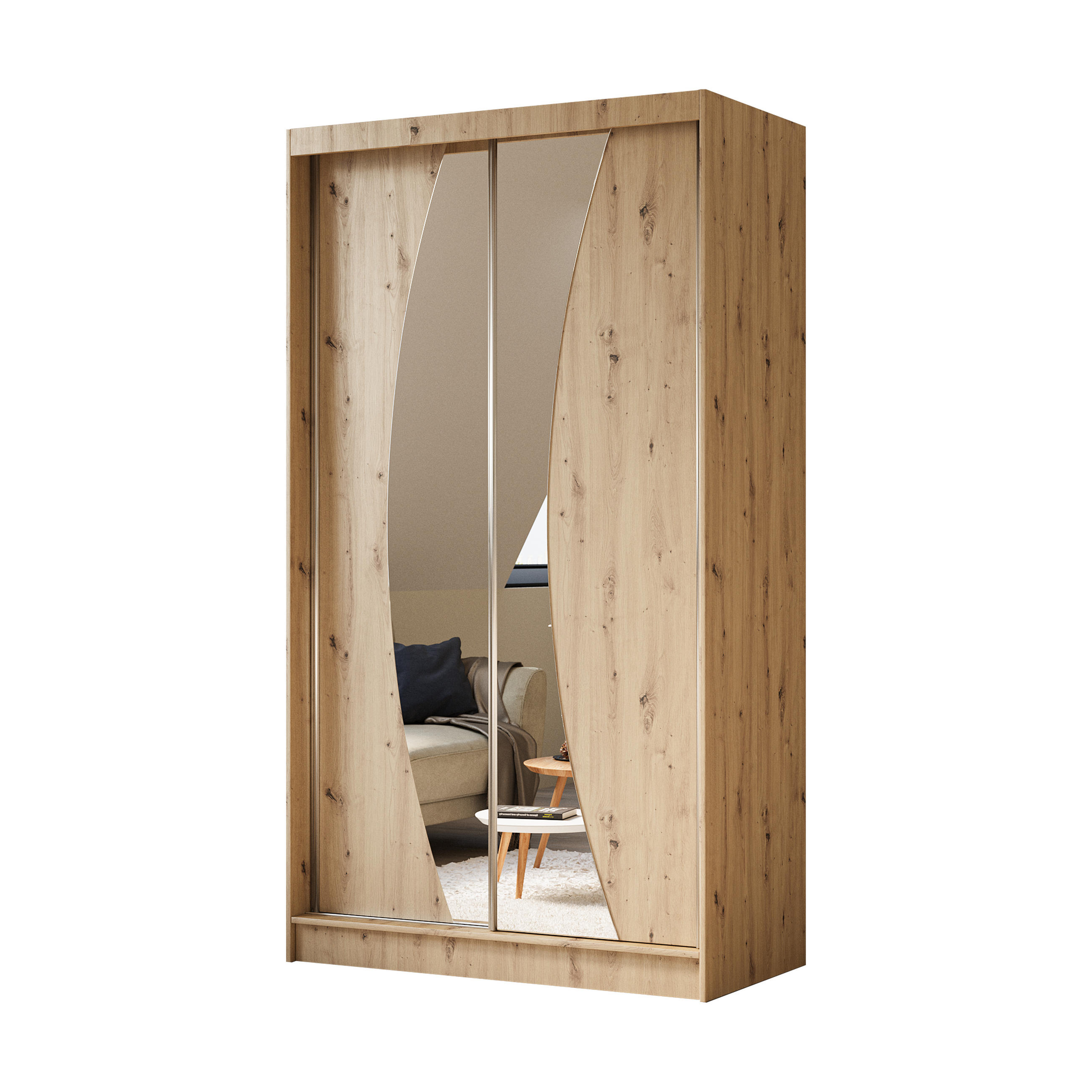 ALTDECOR ŠATNÍ SKŘÍŇ s zrcadlovými posuvnými dveřmi a hliníkovými lamelami – VOXI – 120 cm dub artisan