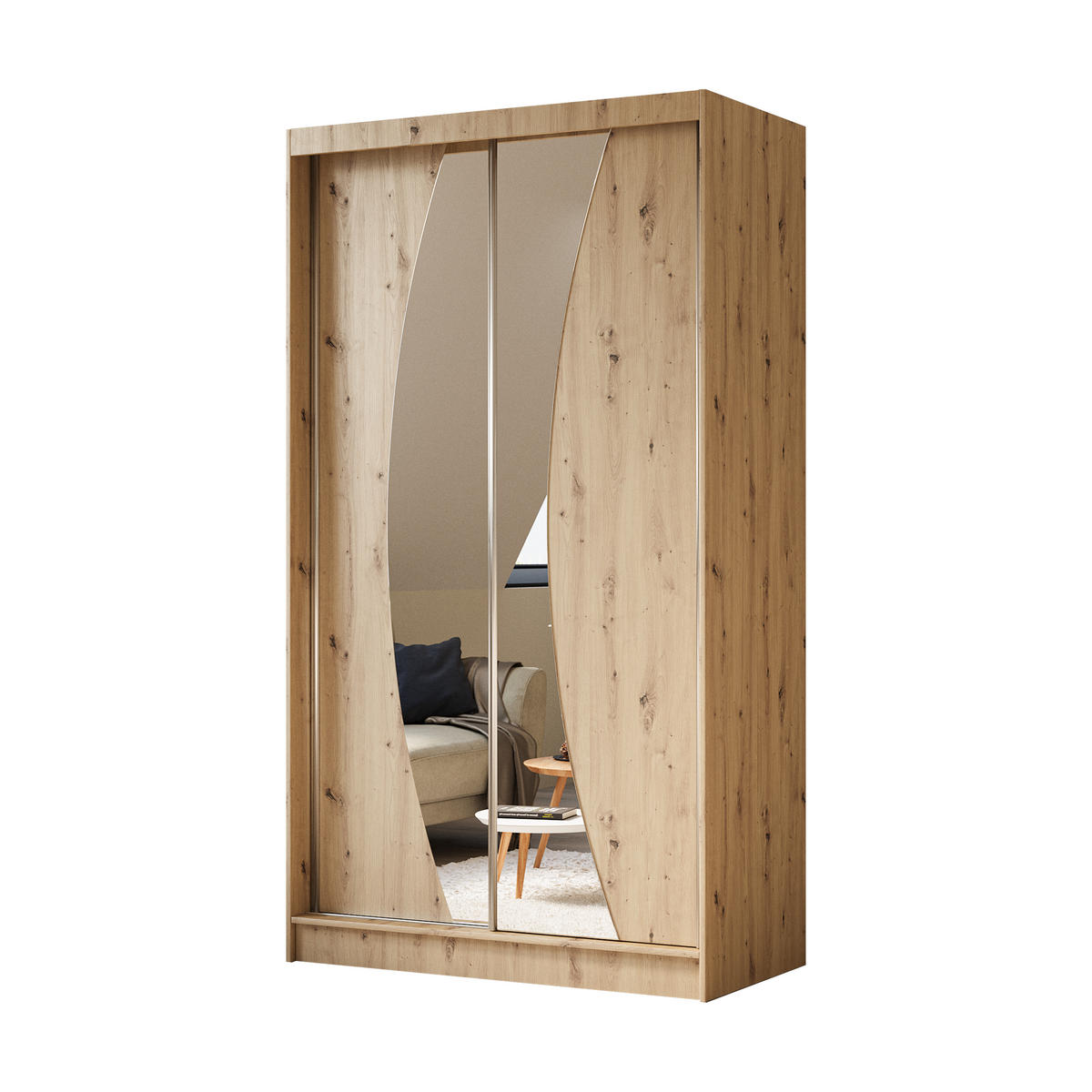 KLEIDERSCHRANK mit Spiegel-Schiebetüren und Aluminium-Leisten - VOXI - 120 cm Eiche Artisan - Eiche Artisan, Holzwerkstoff (120/216/61cm) - ALTDECOR