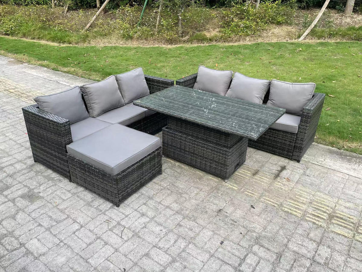 GARTENMÖBEL HÖHENVERSTELLBARER ESSTISCH SET MIT HOCKER Patio 7-Sitzer - Dunkelgrau/Grau, Glas/Kunststoff - Fimous