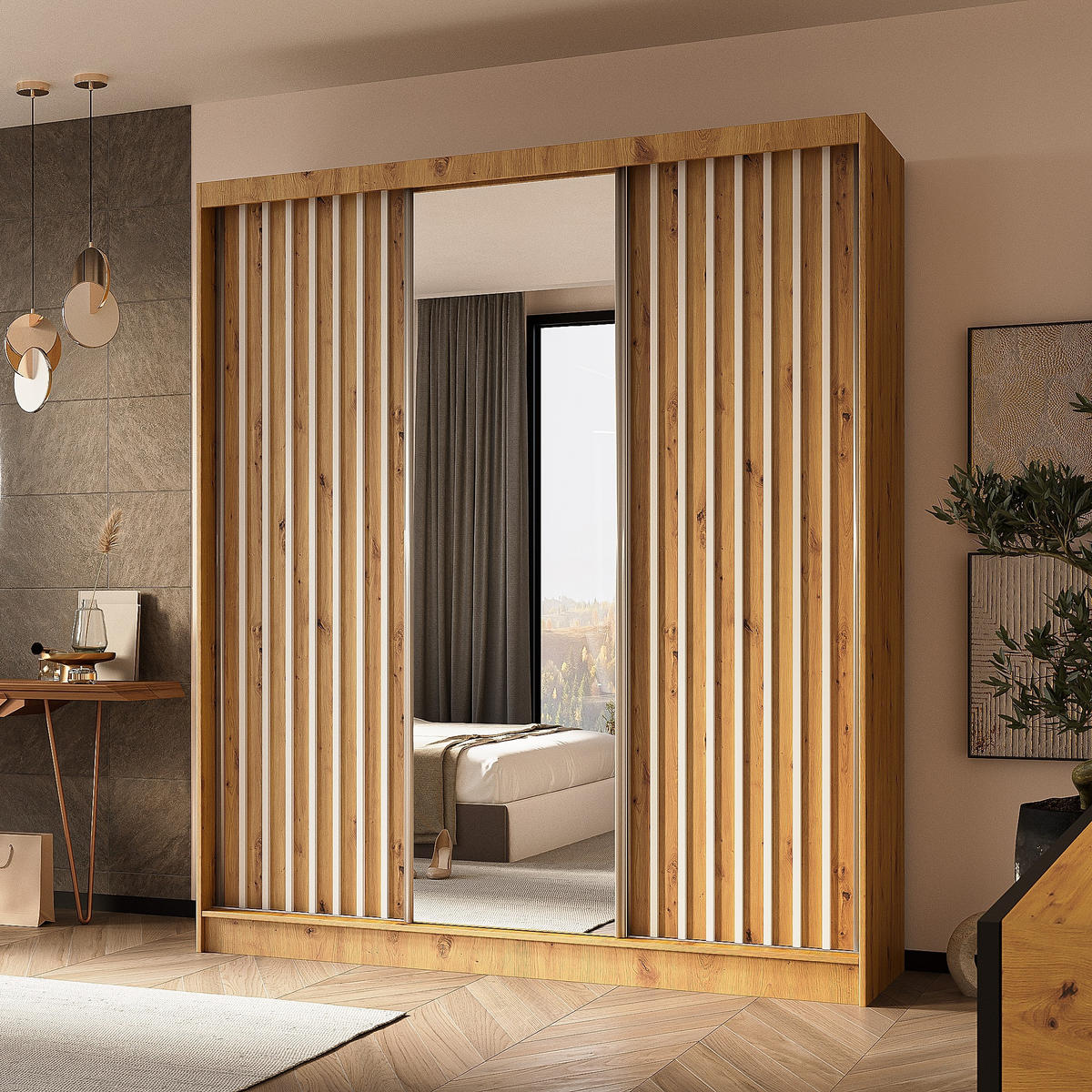 SCHWEBETÜRENSCHRANK LAMELLO 180/216/61 cm 3-türig mit Spiegel Eiche Artisan - Eiche Artisan, Holzwerkstoff (180/216/61cm) - MASSENO