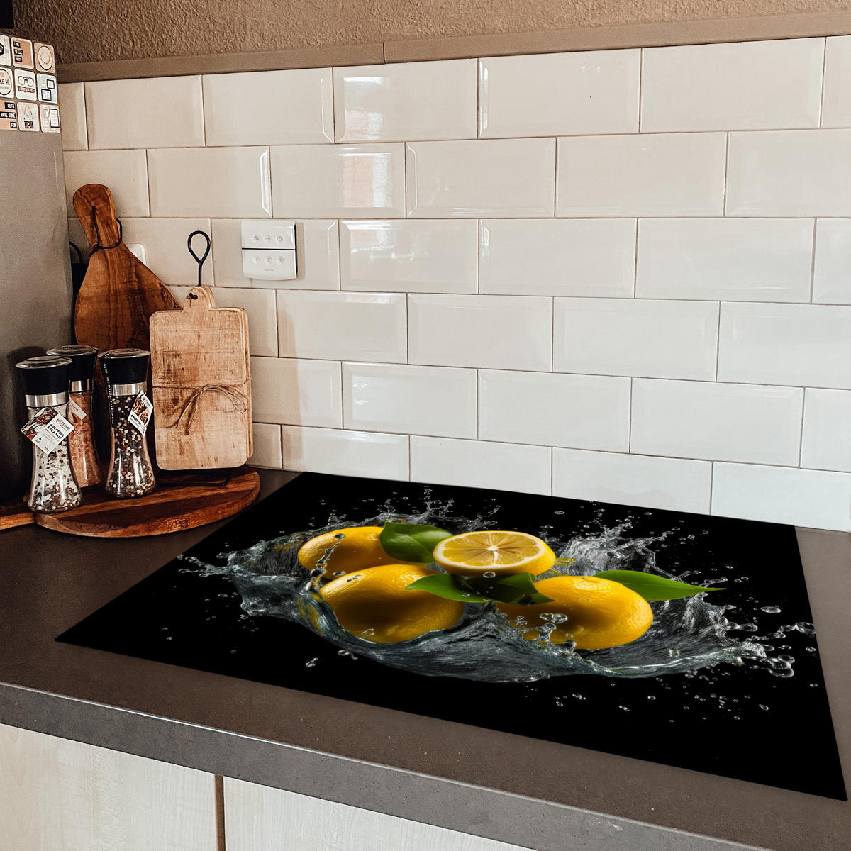 HERDABDECKPLATTE Zitrone - Obst - Gelb - Schwarz 75x52 cm - Gelb, Kunststoff (75/52/0.2cm) - MuchoWow