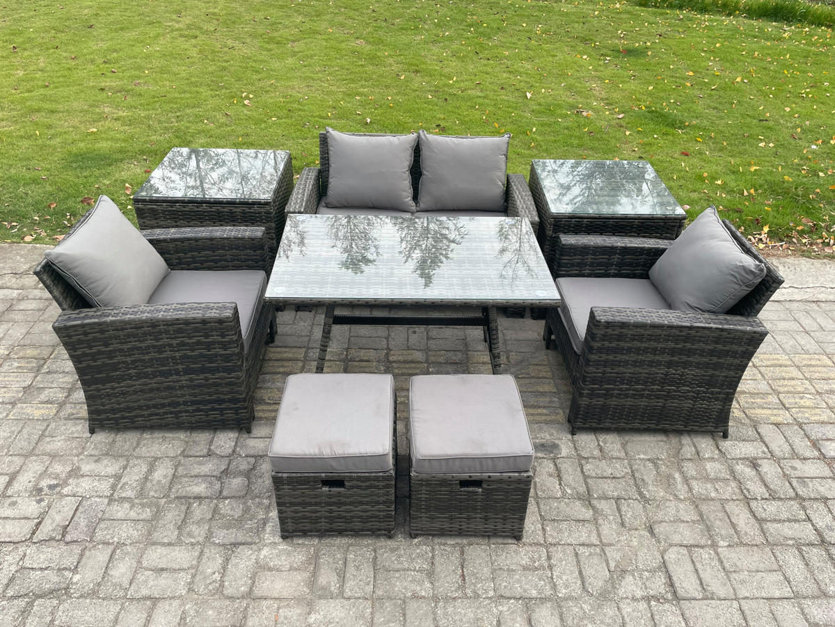 GARTENMÖBELSET mit ESSTISCH,HOCHLEHNER-SOFA Polyrattan Dunkelgrauer Mix 6-Sitzer - Dunkelgrau/Grau, Glas/Kunststoff - Fimous