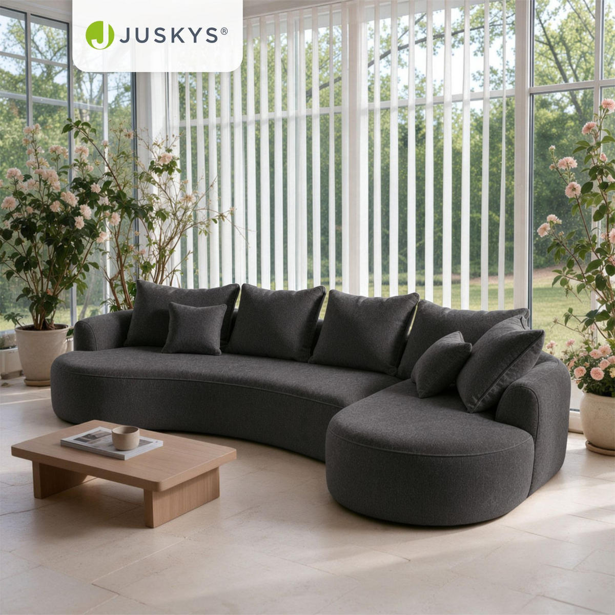SOFA Tirano Samt Dunkelgrau mit Ottomane rechts - Dunkelgrau, Textil (300/102cm) - Juskys