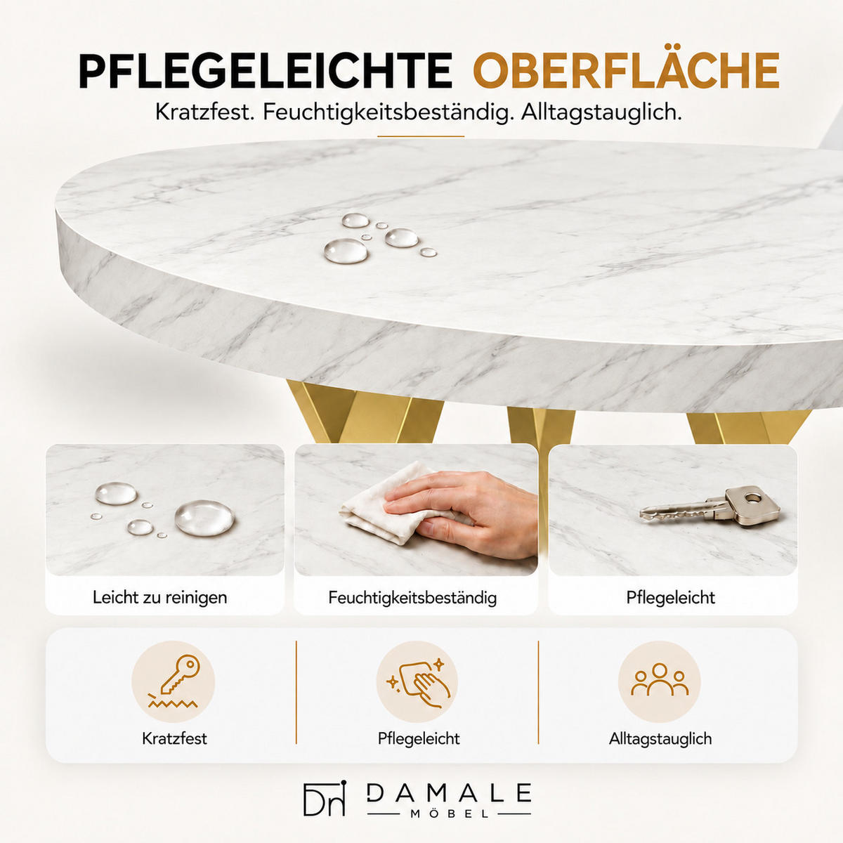 ESSTISCH rund ausziehbar 100/200/76 cm, Marmor, 54 cm Tischplatte + X Metallbeine Gold - Goldfarben/Hellgrau, Holzwerkstoff/Metall (100/200/76cm) - Damale Möbel