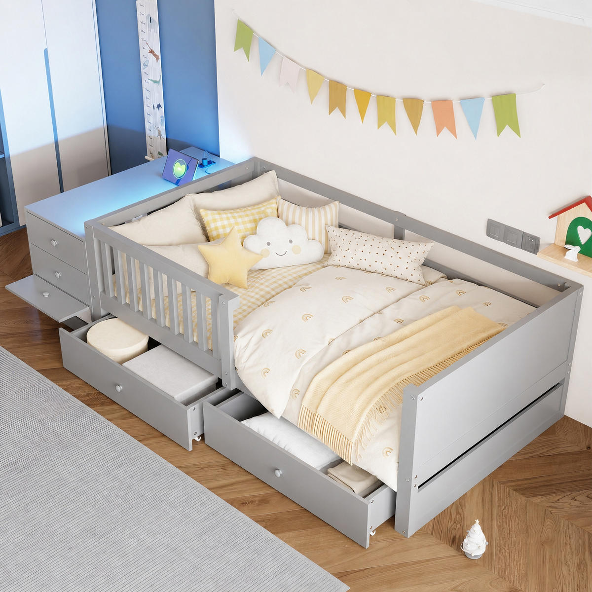 KINDERBETT 90/200 cm in Grau mit Stauraum, Schubladen, Regalen, LED, Steckdose und Sicherheitsgitter - Grau, Holzwerkstoff (90/200cm) - STILVORA