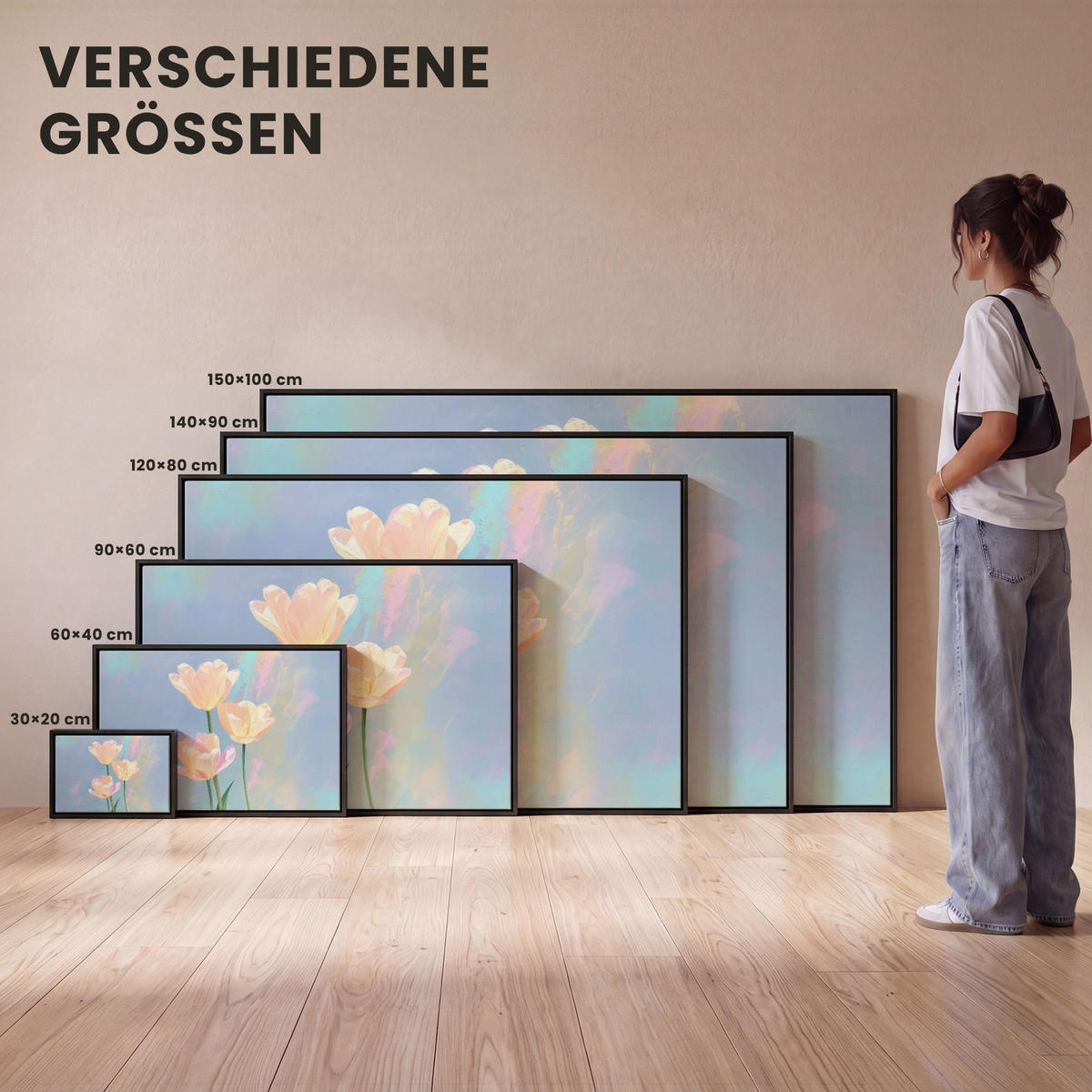 LEINWAND Bilder mit Rahmen - Tulpen - Rosa Akzente - Blau - 60x40 - Pastellblau, Textil (60/40cm) - MuchoWow