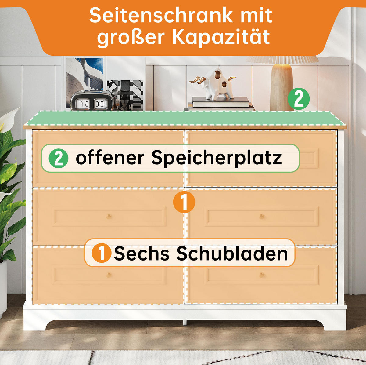 SIDEBOARD 120/40/76 cm aus MDF und Holzwerkstoff mit 6 Schubladen im Landhausstil Weiß/Natur - Weiß, Holzwerkstoff (120/76/40cm) - Modenvie