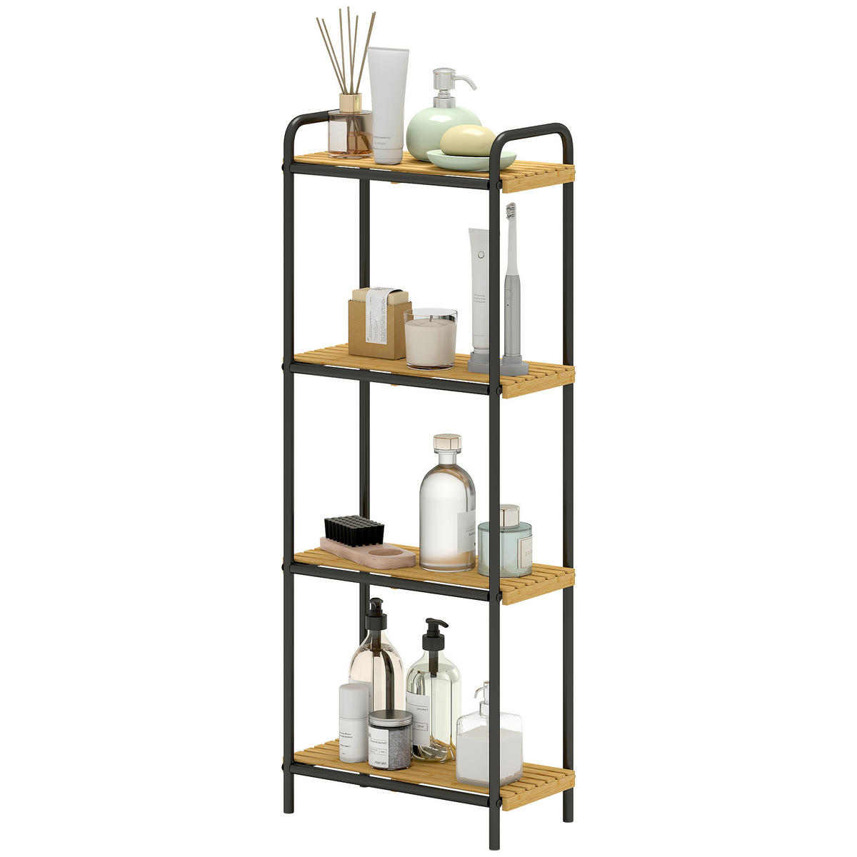 BADEZIMMERREGAL DE-17341 4 Ebenen, schmal aus Bambus & Stahl Natur - Schwarz, Naturmaterialien (21.5/106/41.5cm) - ComfortXL