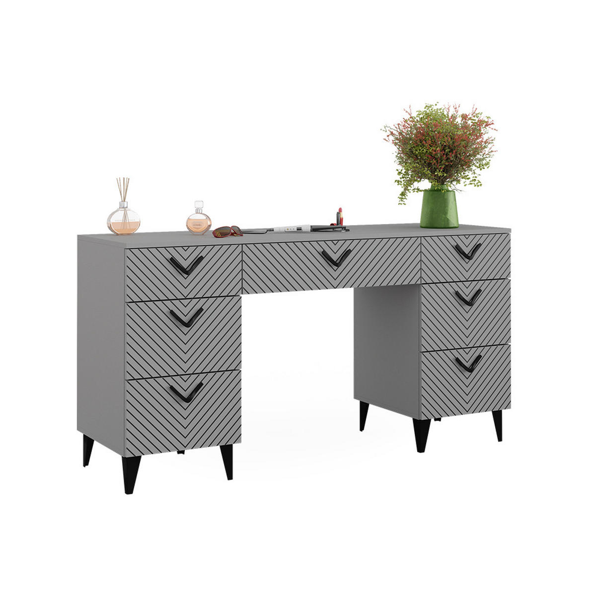 SCHMINKTISCH Anett Grau 150 cm ohne Spiegel, mit 7 Schubladen - Grau, Holzwerkstoff (45/150/78.1cm) - Vicco