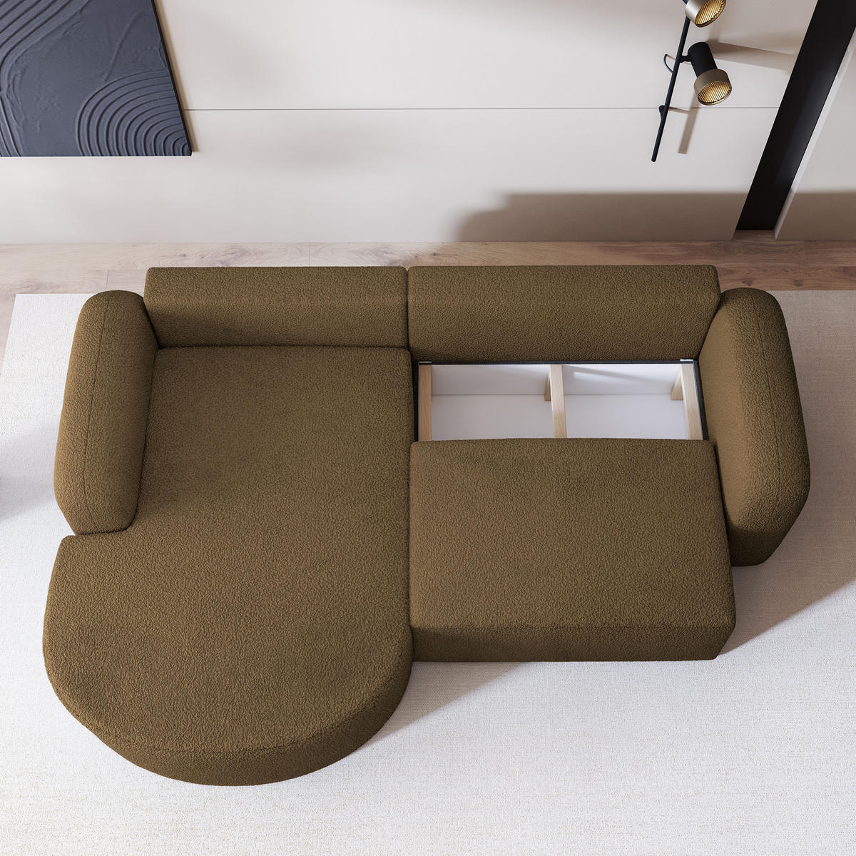 ECKSOFA AMILIA L-S Orange Boucle-Stoff mit Schlaffunktion - Orange, Holz (263/174cm) - MASSENO