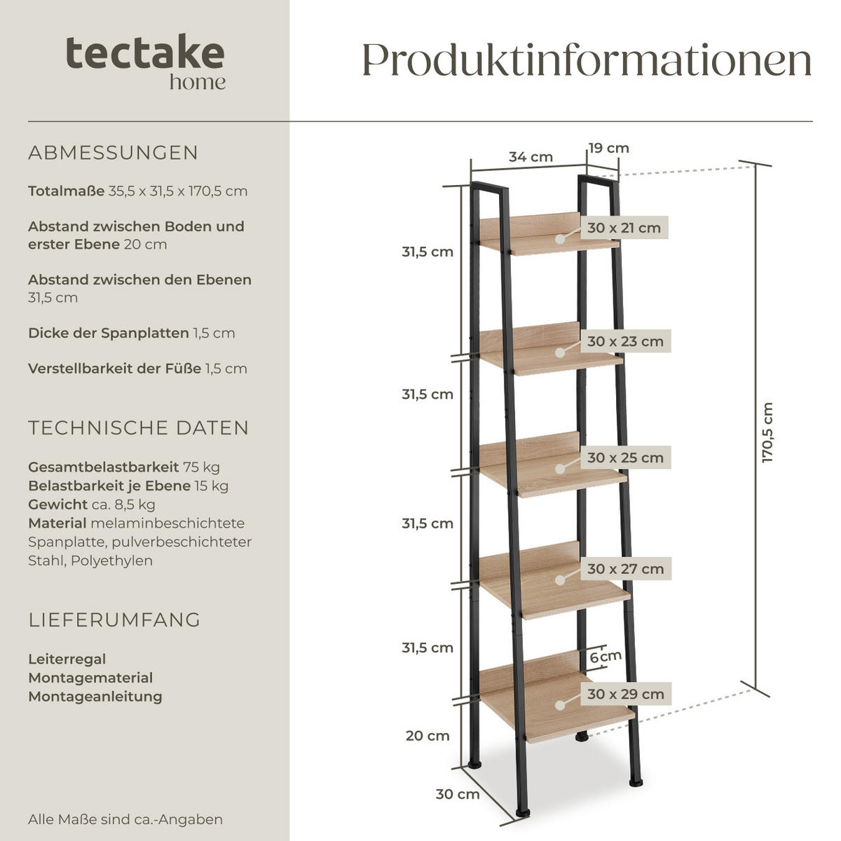 LEITERREGAL Folkestone,inklusive Kippschutz, 35,5 x 31,5 x 170,5 cm,Industrial Holz hell, Eiche Sonoma - Naturfarben, Holzwerkstoff (31.5/170.5/35.5cm) - tectake