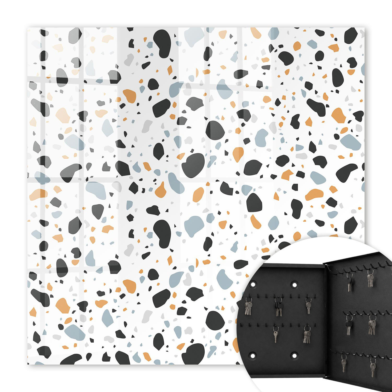 SCHLÜSSELBOX Schwarz 30x30 cm- Türöffnung nach rechts - Terrazzo-Muster - Schwarz, Metall (30/30/5cm) - TULUP