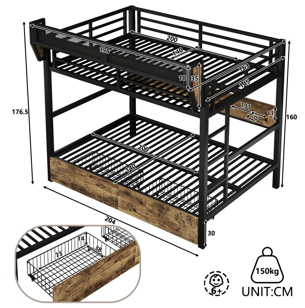 ETAGENBETT 140/200 cm aus Metall und MDF mit LED-Licht und Stauraum Schwarz - Schwarz, Holzwerkstoff (140/200cm) - Modenvie