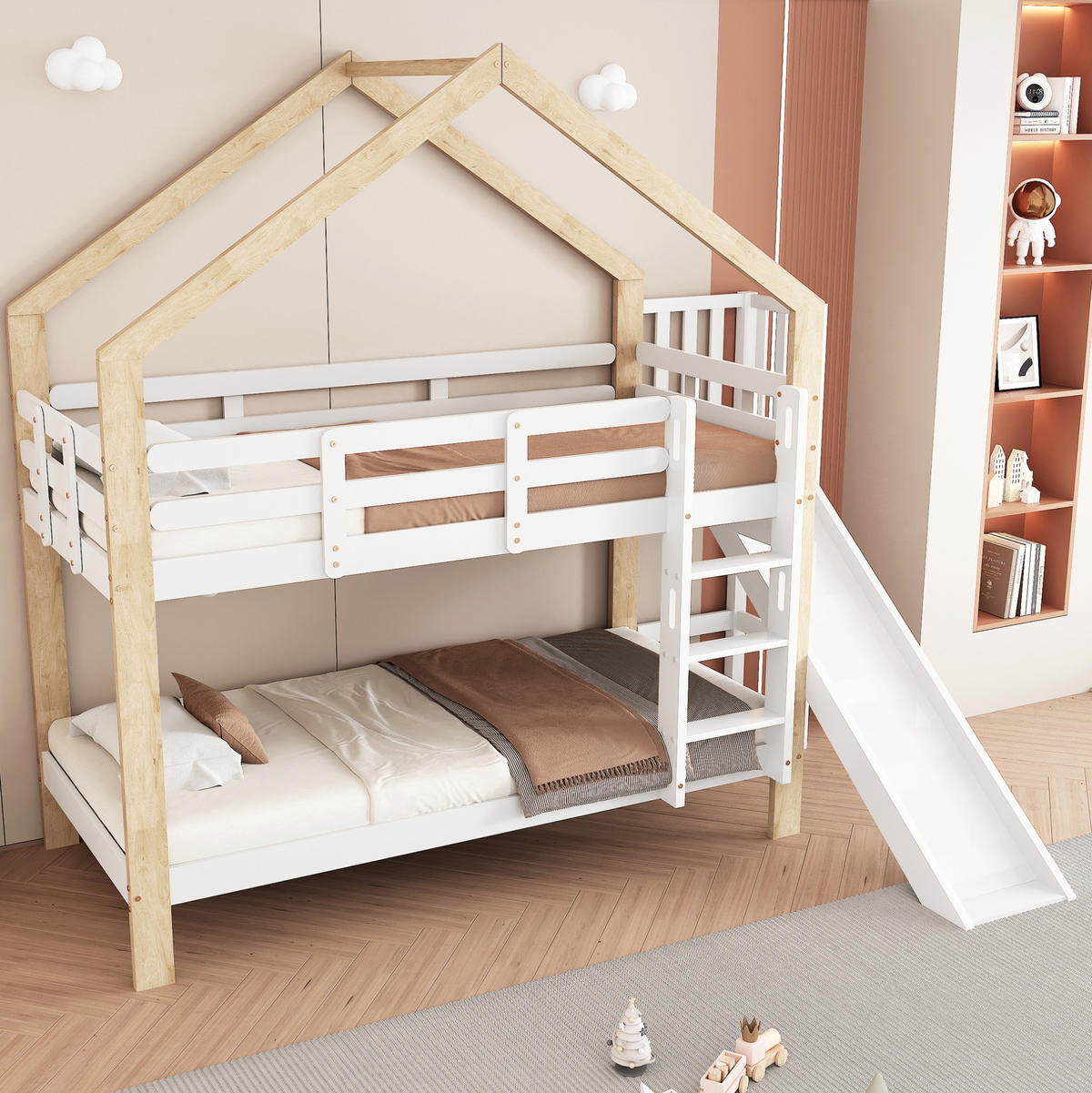 HAUSBETT 90/200 cm Weiß/Natur mit Rutsche und Absturzsicherung - Weiß, Holzwerkstoff (90/200cm) - Flora Grace