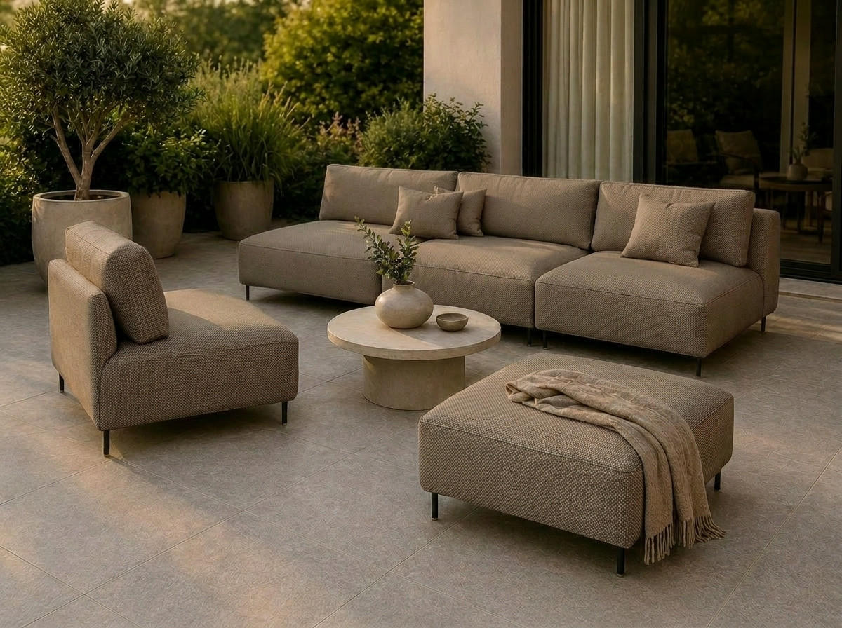 GARTEN Lounge Set SUN – Outdoor Möbel Set mit Sofa, Sessel und Hocker, UV-beständig und wasserabweisend - Braun, Textil - A&J MöbelLand