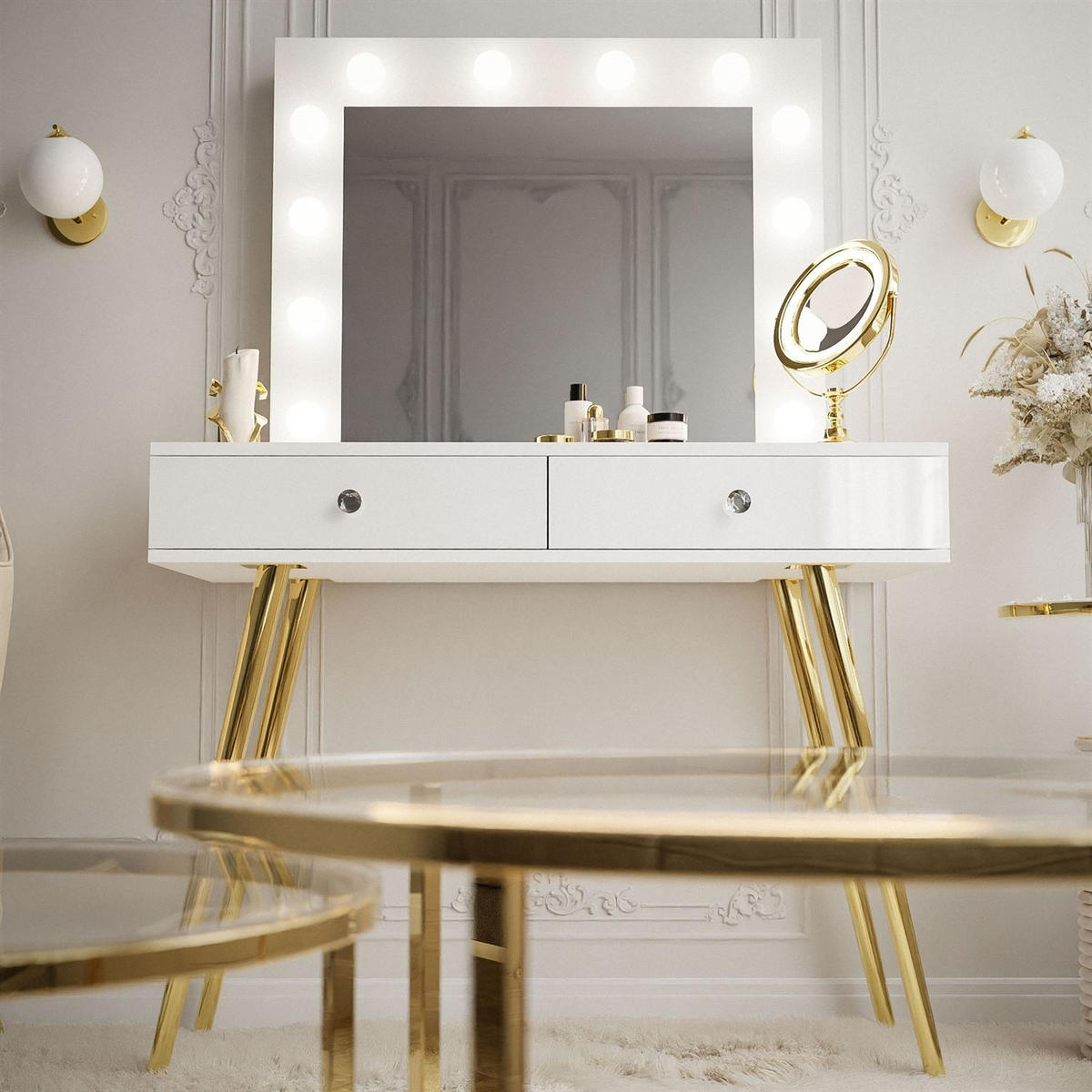 Schminktisch SIENNA GOLD mit Schubladen auf goldenen Beinen - Weiß Hochglanz/Goldfarben, Holzwerkstoff (100/81/42cm)