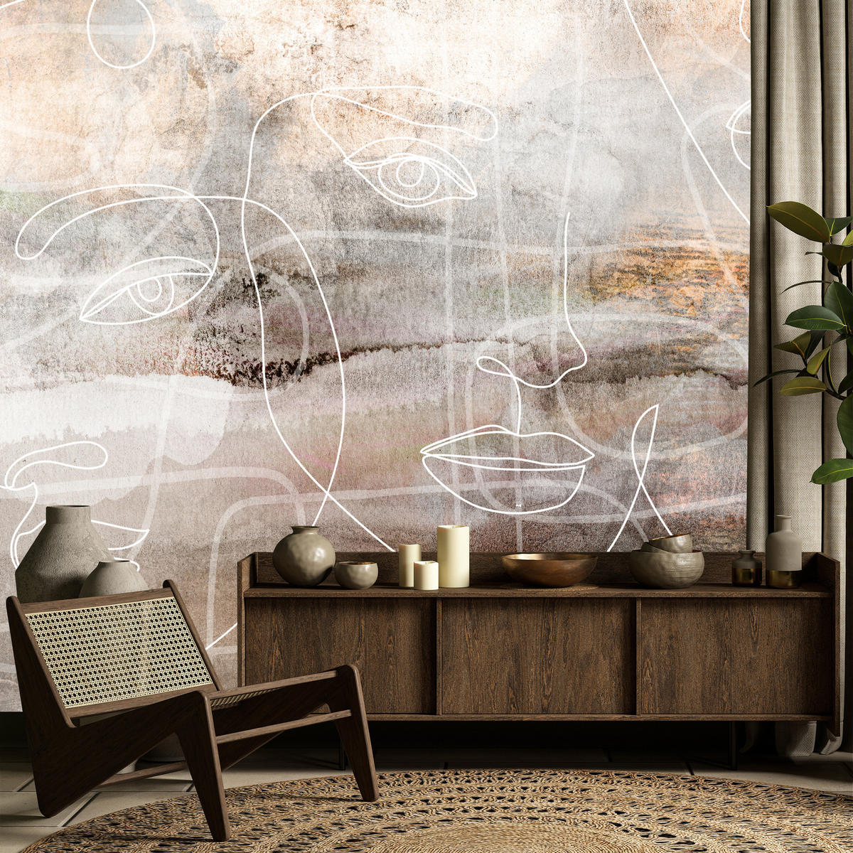 FOTOTAPETE für Wohnzimmer Gesichter Abstraktion 200x140 - Beige/Braun, Papier (200/140cm) - Muralo