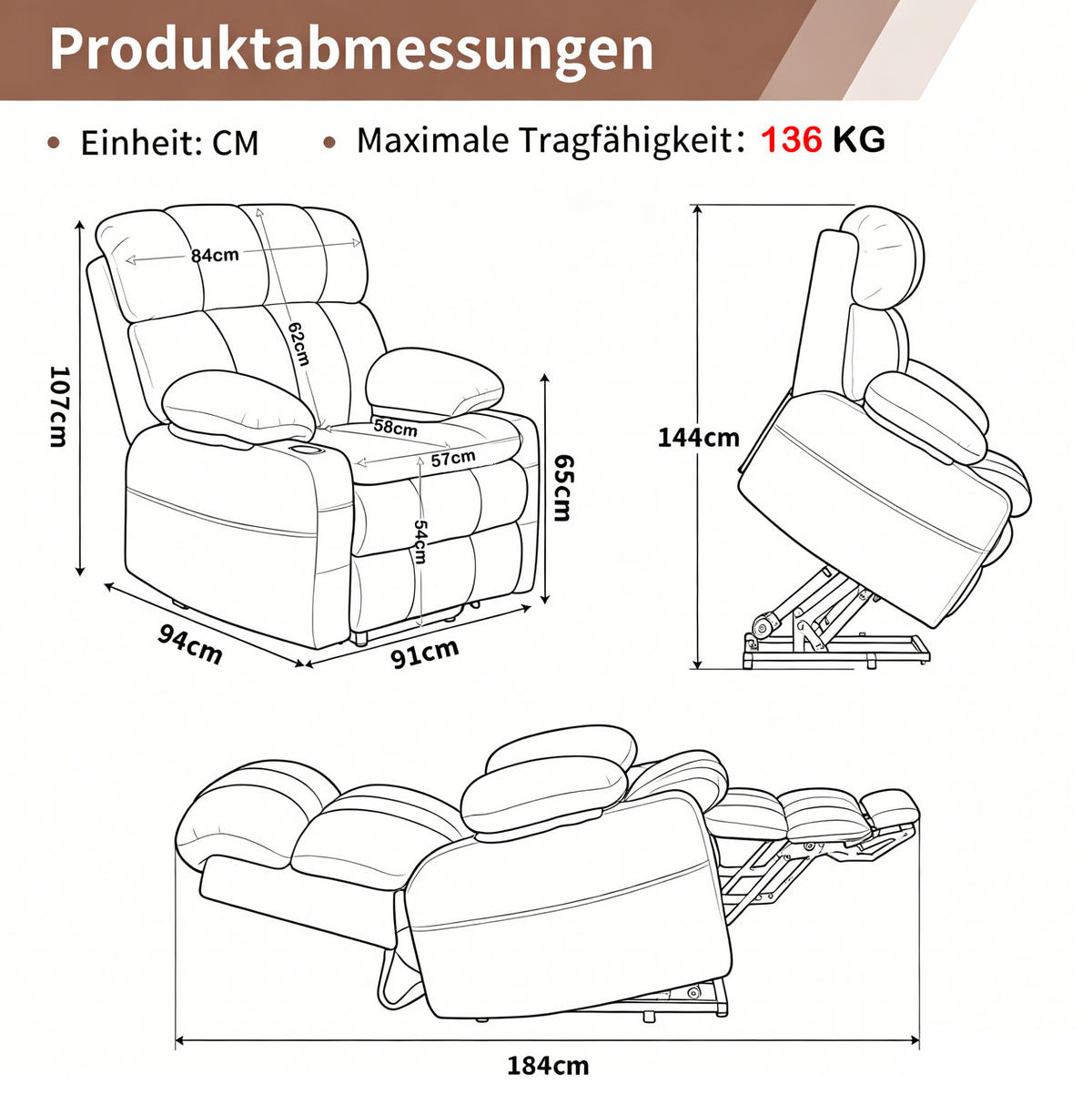 ELEKTRISCHER TV-Sessel in Grau 91x91x106,5 cm mit Aufstehhilfe, Massage- und Heizfunktion - Grau, Textil (91/106.5/91cm) - IVMEU