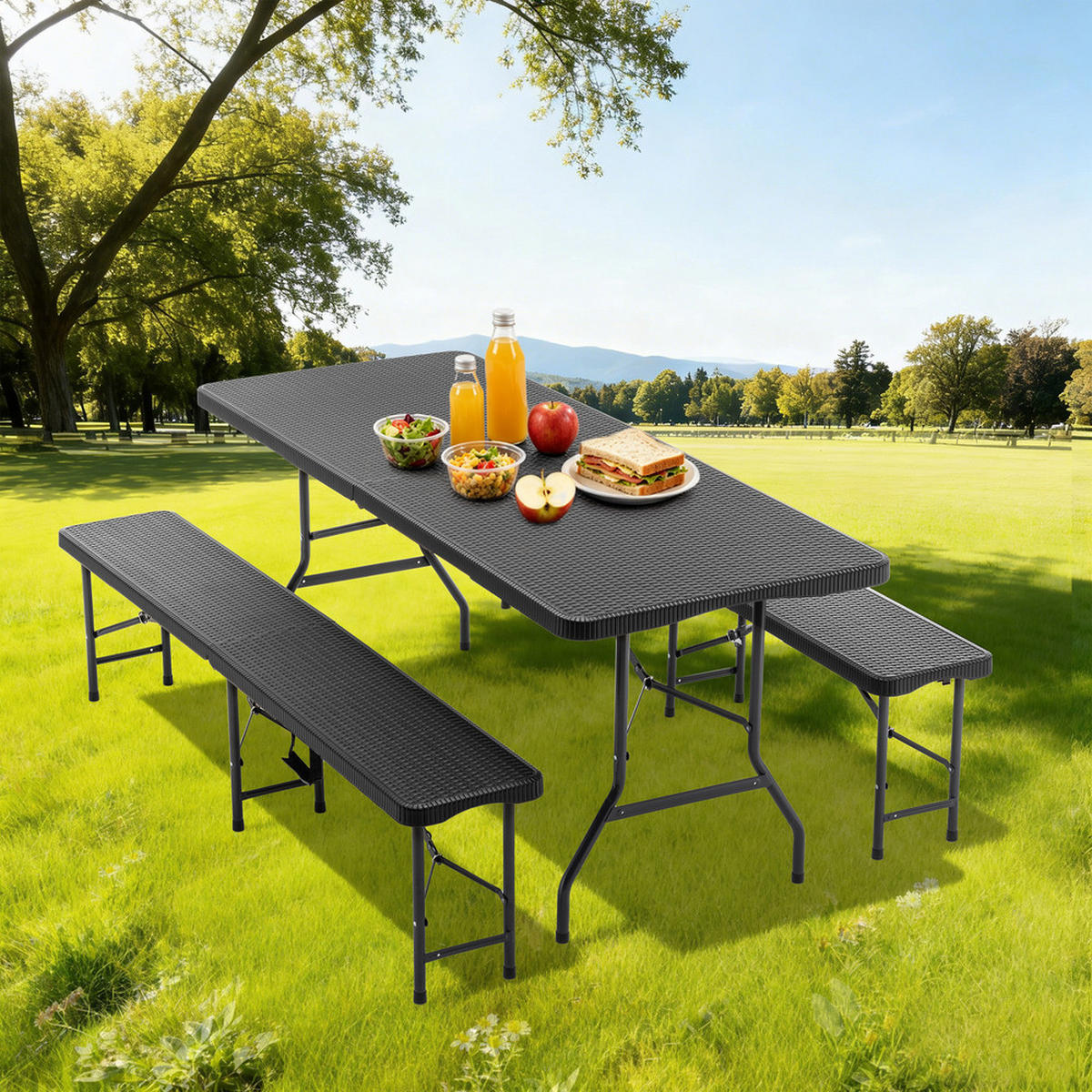 CAMPINGTISCH Set Picknicktisch mit Bänken faltbar wetterfest für Gartenparty - Schwarz, Kunststoff - Raelunyi