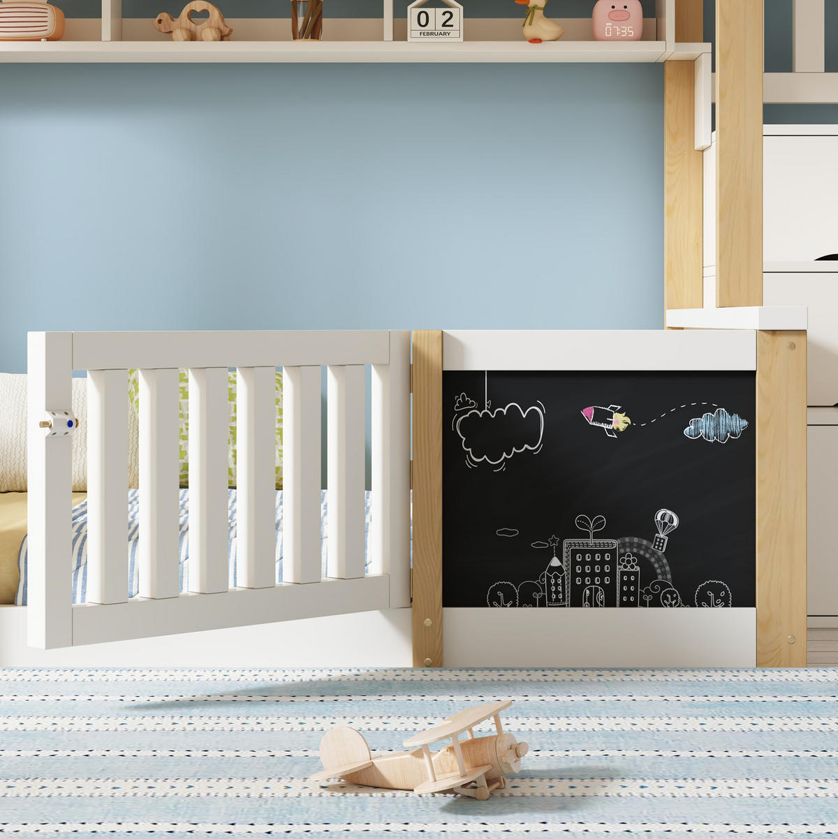ETAGENBETT aus Massivholz, MDF und Sperrholz 90x200/140x200 cm Weiß/Natur mit Stauraumtreppe - Weiß, Holz (90/200cm) - Modfu