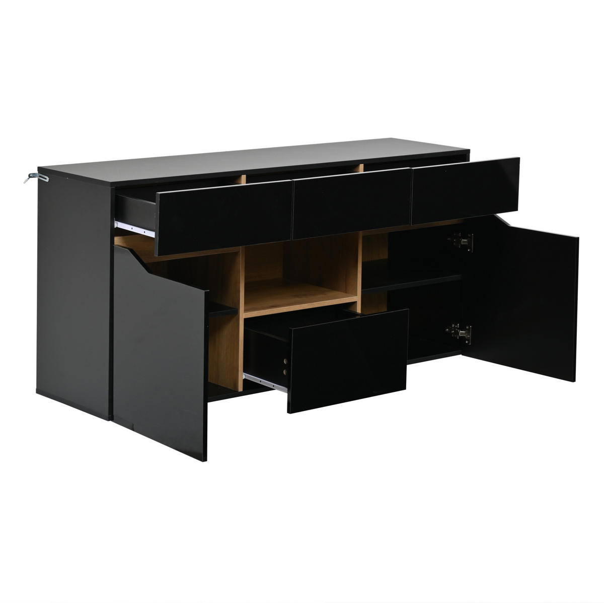 SIDEBOARD 140/40/70 cm in Schwarz/Natur mit 4 Schubladen und LED-Beleuchtung - Schwarz, Holzwerkstoff (140/70/40cm) - Flora Grace
