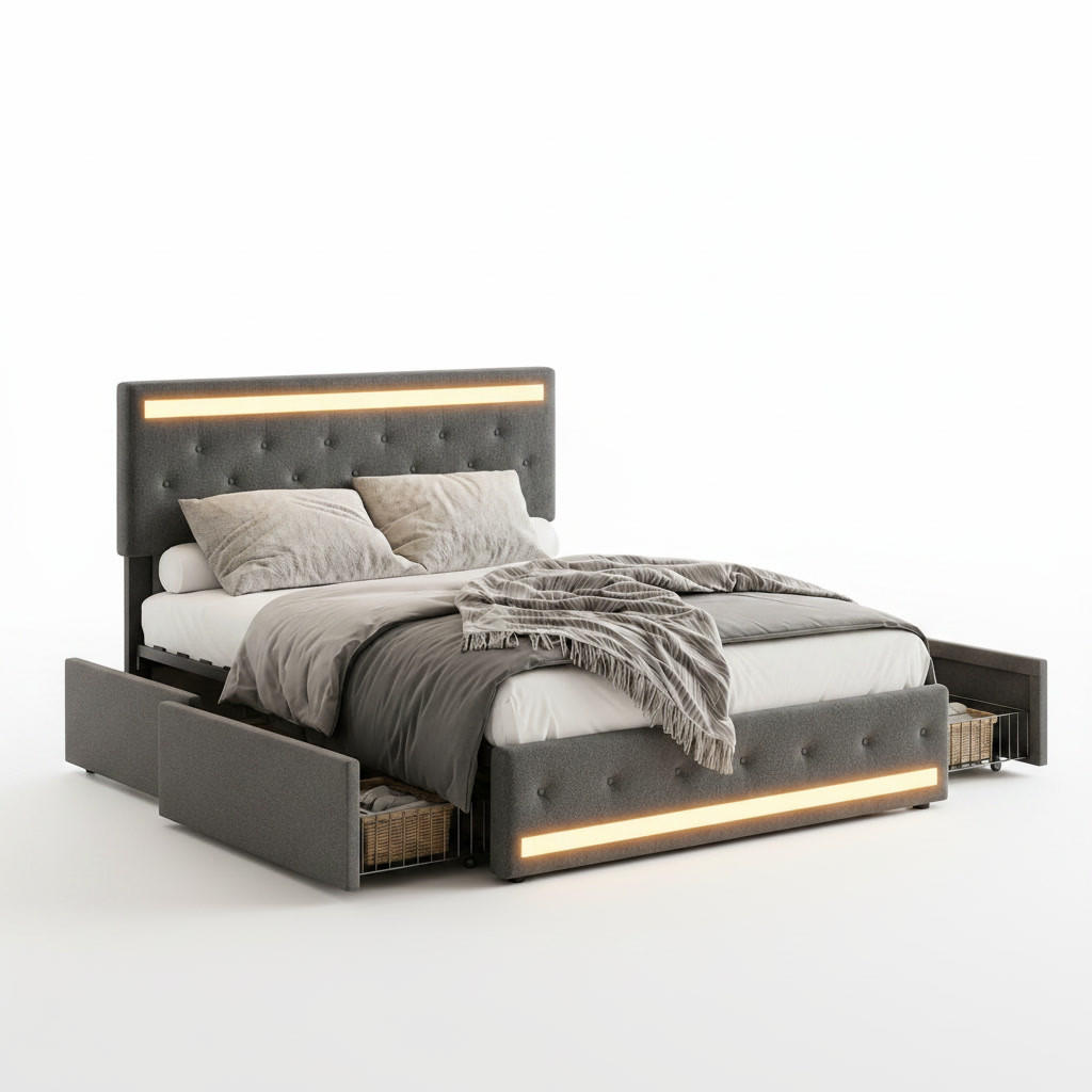 POLSTERBETT,STAURAUMBETT 140x200 cm mit LED, Leinen Dunkelgrau - Grau, Holz/Textil (140/200cm) - PARAFTA HOME
