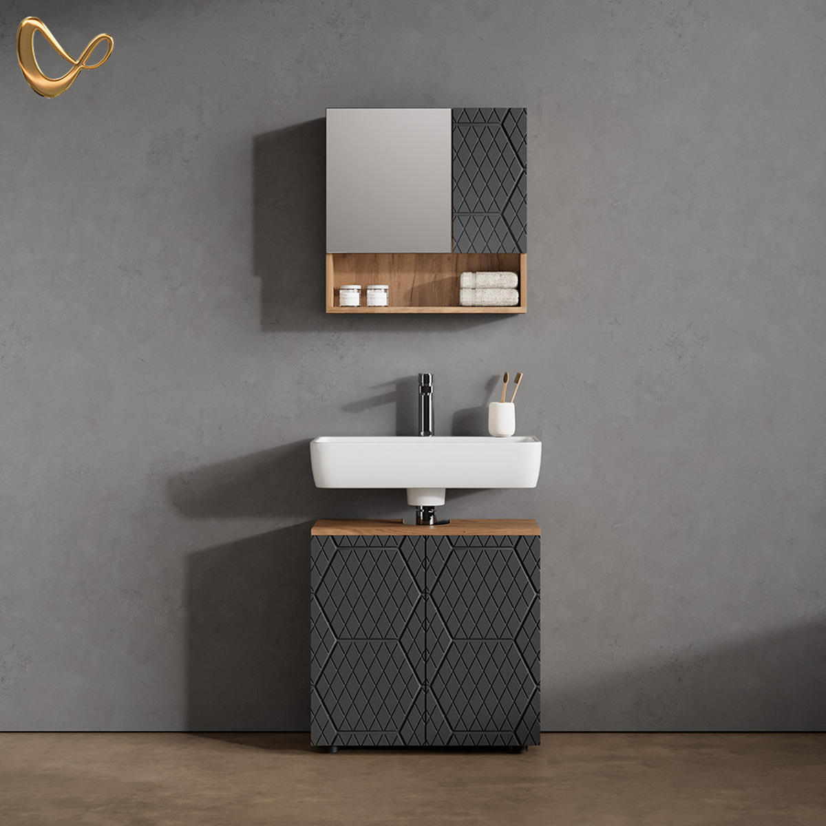 BADMÖBEL-SET Ronco Anthrazit gestreift 2 Teile, Unterschrank 60 cm - Anthrazit, Holzwerkstoff (60/59/30cm) - Livinity®