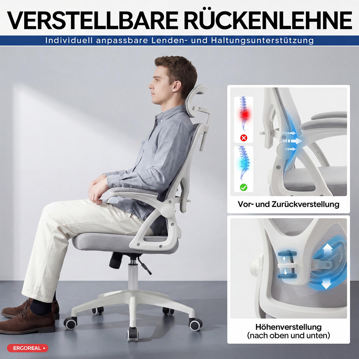 DREHSTUHL Gräulich-weiß mit Verstellbare Lendenwirbelstütze und 2D-Kopfstütze - Weiß, Kunststoff (63/114/68cm) - Oxeza