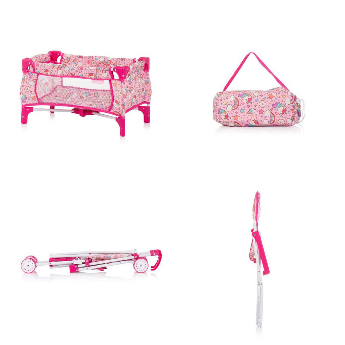 PUPPEN-ZUBEHÖR-SET Trixy pink 3 in 1, Buggy, Hochstuhl, Tasche, Laufstall, faltbar, Zubehör-Set - Braun, Kunststoff (27/55/51cm) - Chipolino
