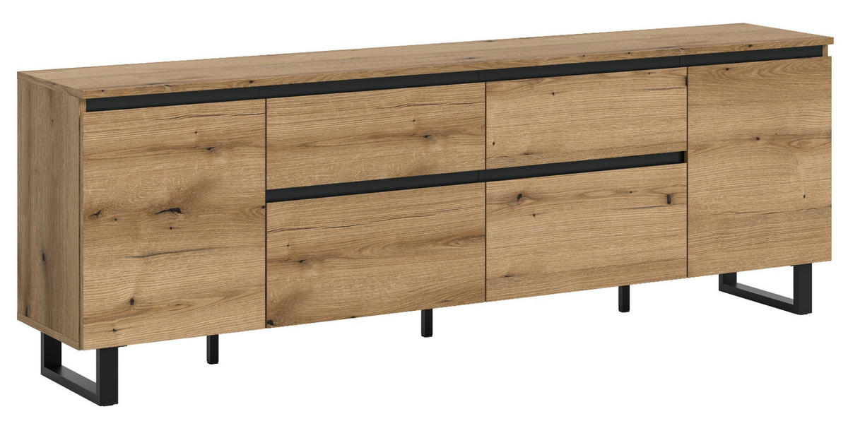 TV-LOWBOARD Evoke Eiche, schwarz, TV Unterteil 188 x 65 cm, Soft-Close und Komforthöhe, Gelia - Eichefarben/Schwarz, Holzwerkstoff/Metall (188/65/36cm) - Inn.Furn