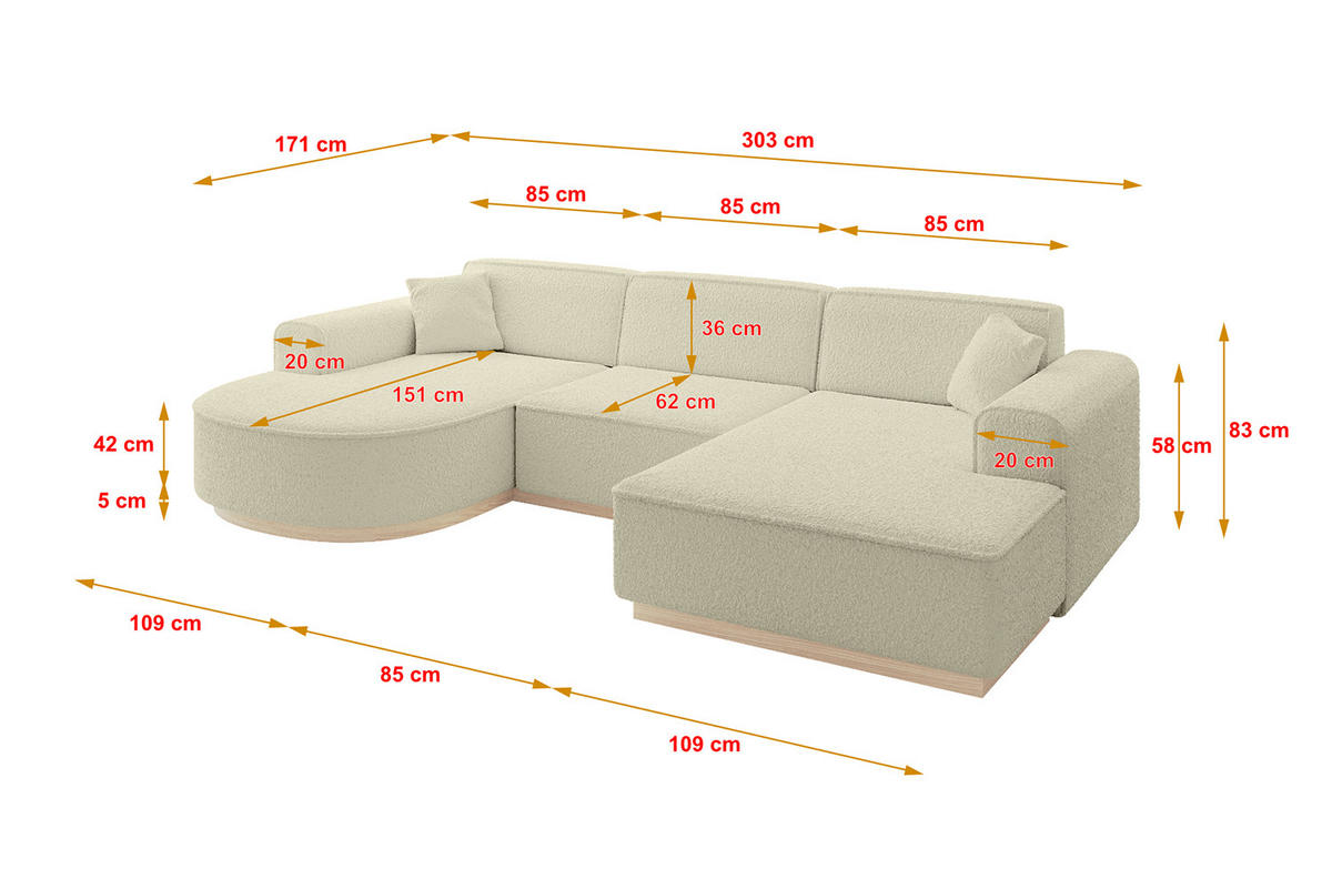 WOHNLANDSCHAFT ARRIO-U1 303x171x83 cm Creme - Creme, Holzwerkstoff/Textil (303/83/171cm) - ALTDECOR