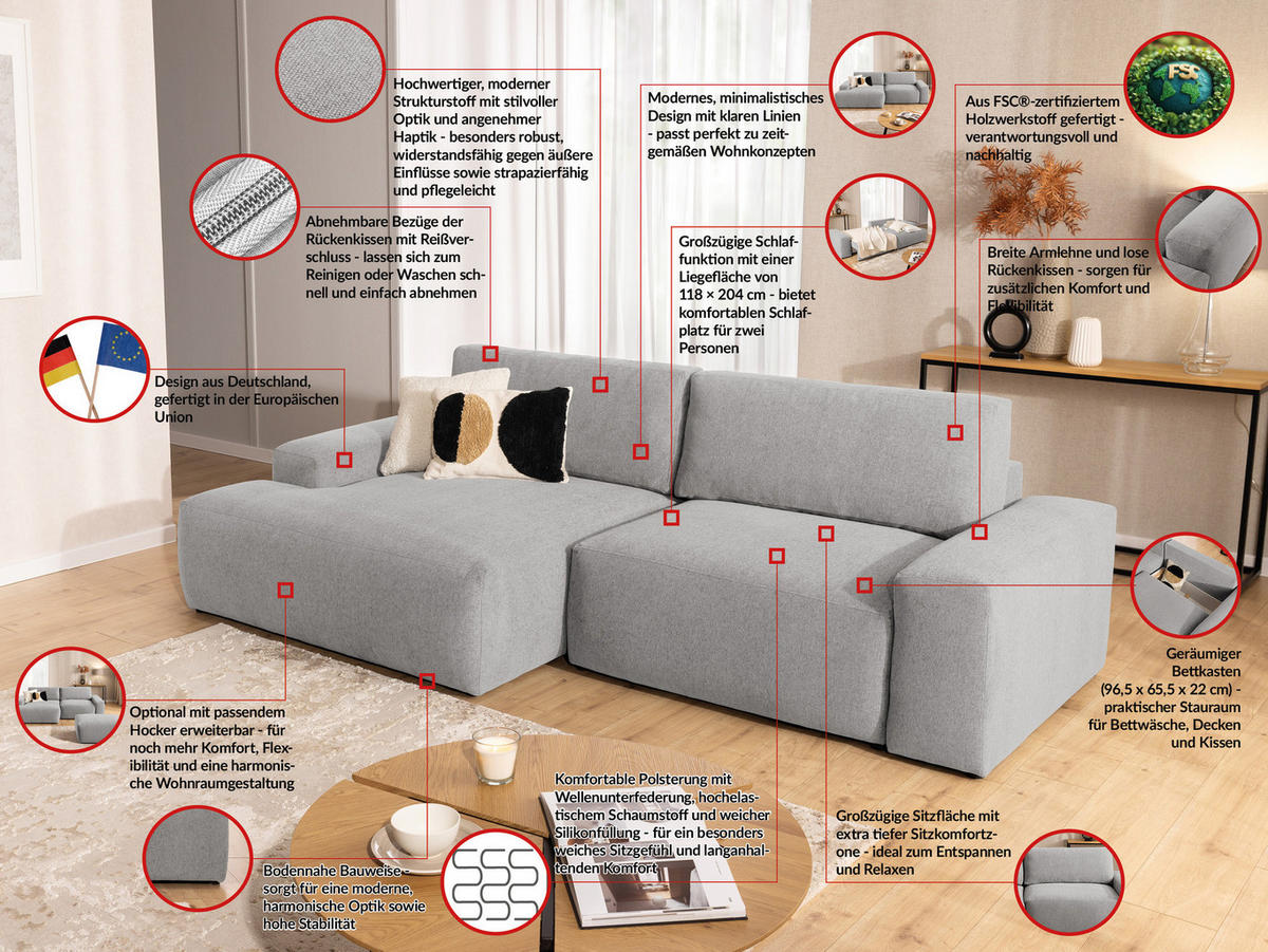 ECKSOFA Lennon aus Hellgrau Strukturstoff mit Schlaffunktion und Bettkasten - Hellgrau/Schwarz, Holz/Kunststoff (137/264cm) - S-Style
